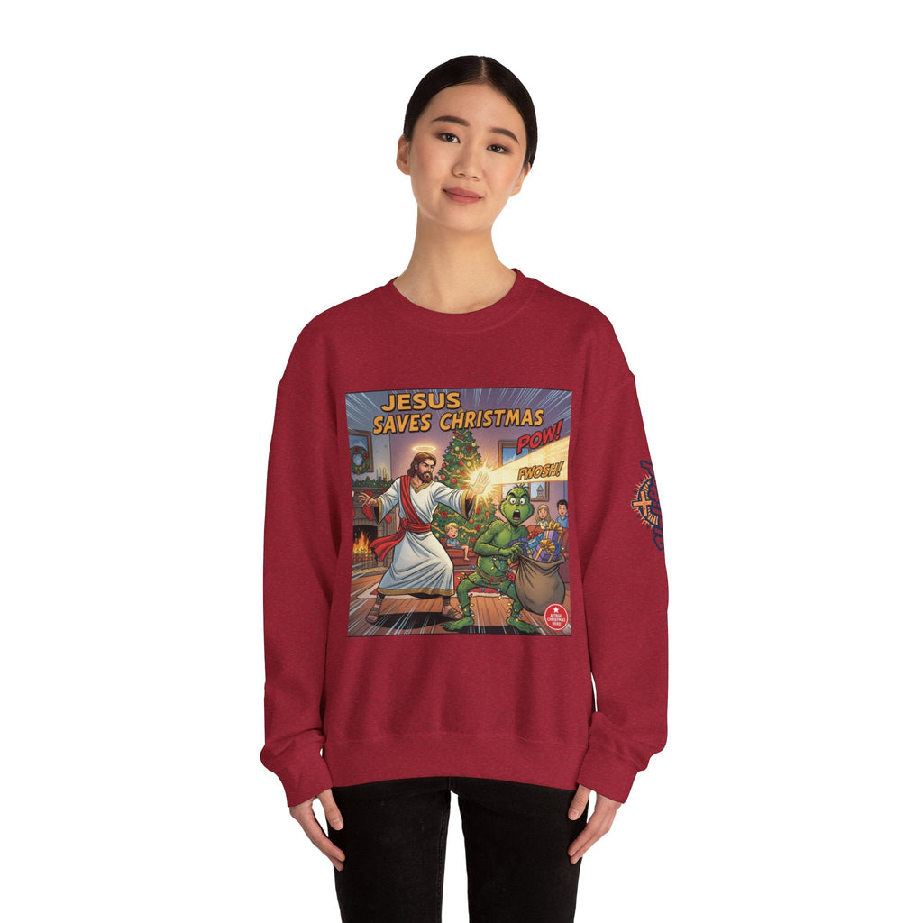 Jesus Saves Christmas Sweatshirt – Grinch vs Savior Light Battle Christian Sweatshirt for Hilarious Holiday Faith & True Joy Printify