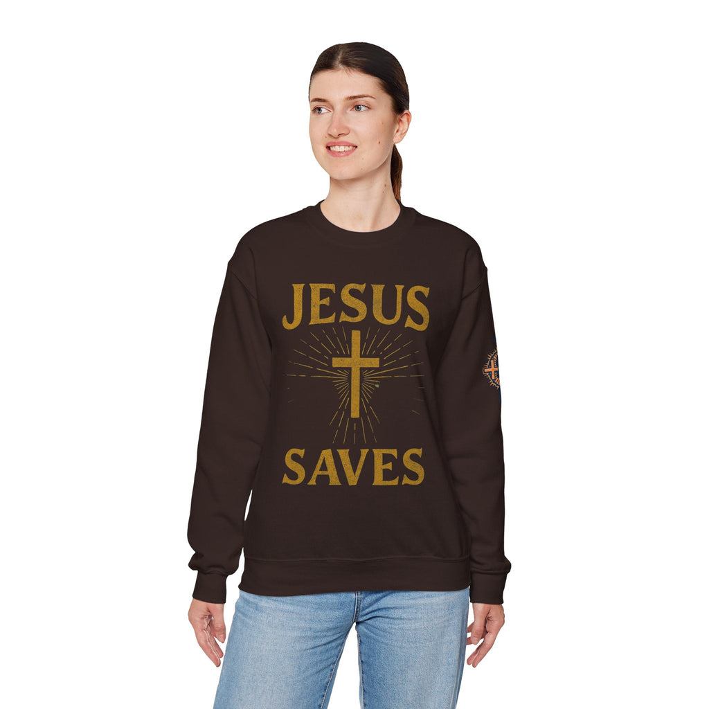 Jesus Saves Sweatshirt – Radiant Cross & Rays of Light Christian Sweatshirt for Eternal Hope & Faith Printify