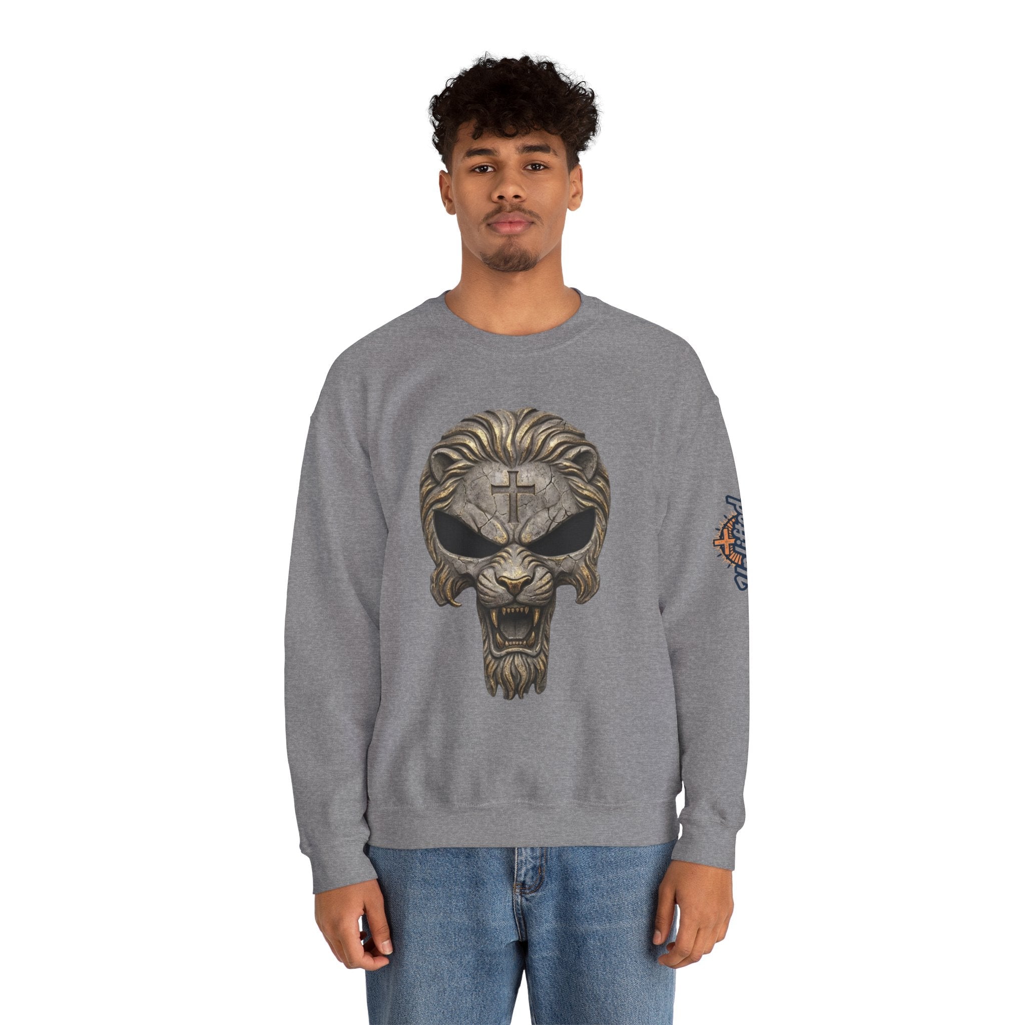 Lion of Judah Skull Christian Sweatshirt - Warrior Faith Cross Sweatshirt Printify