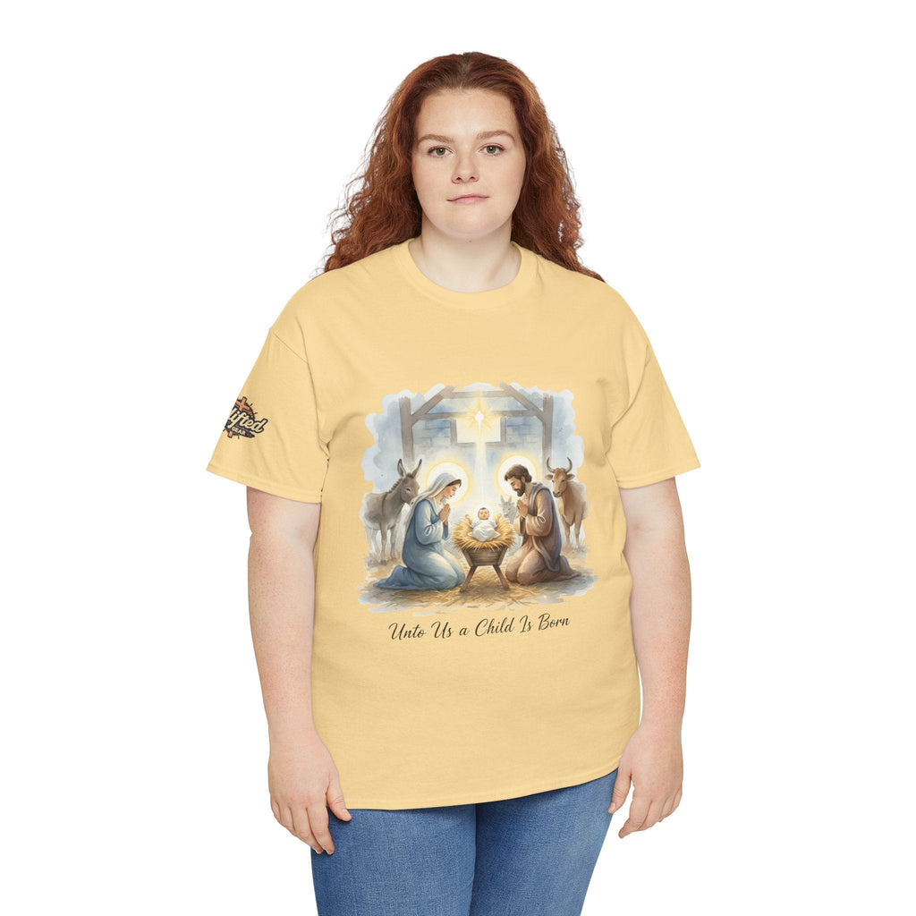 Unto Us a Child is Born T-shirt – Isaiah 9:6 Nativity Manger Scene Christian Christmas T-shirt for Holy Night Faith Printify