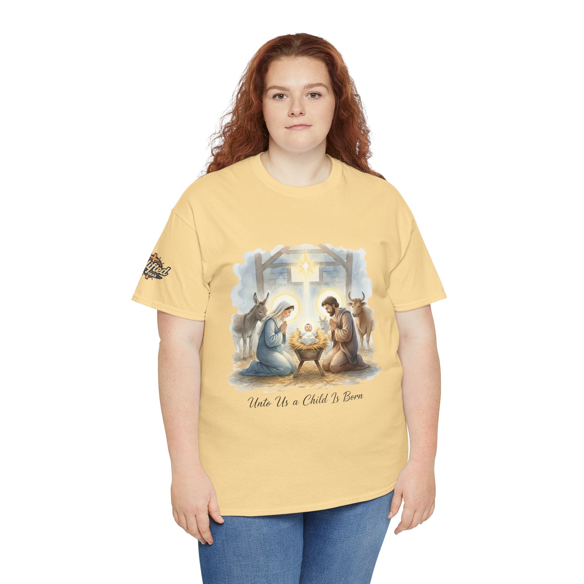 Unto Us a Child is Born T-shirt – Isaiah 9:6 Nativity Manger Scene Christian Christmas T-shirt for Holy Night Faith Printify