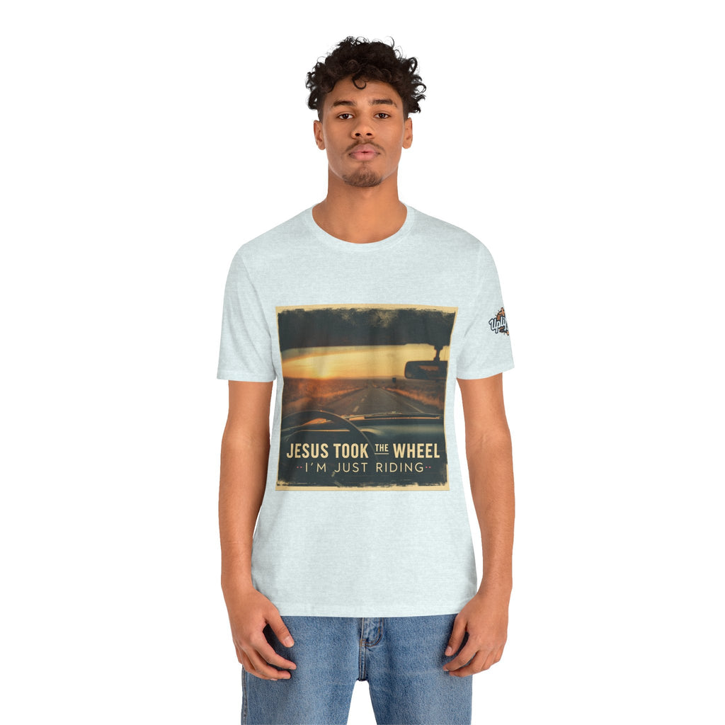 Jesus Took the Wheel I'm Just Riding T-shirt – Funny Christian Convertible Car T-shirt for Surrendered Faith & Humor Printify