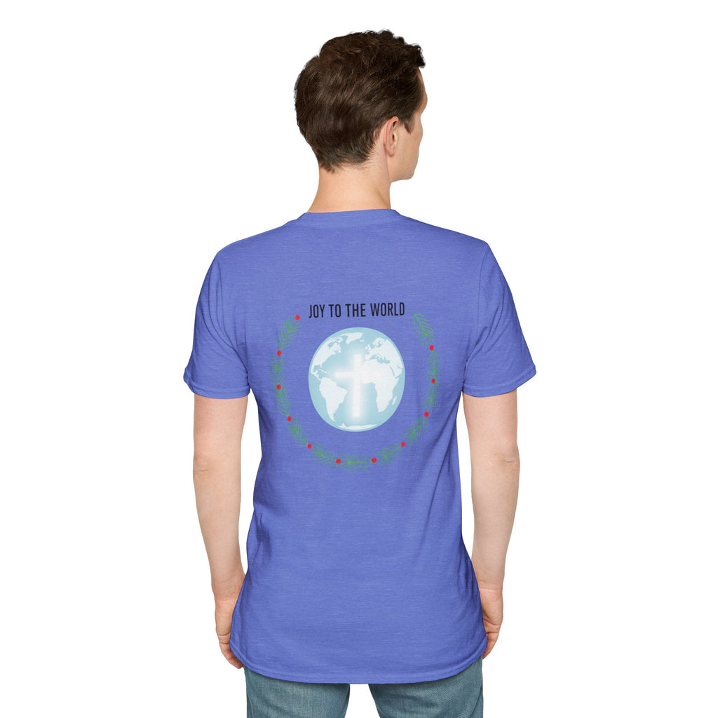 Joy to the World T-shirt – Wreath Earth Nativity Christian Christmas T-shirt for Isaiah 9:6 Holiday Faith & Festive Joy Printify
