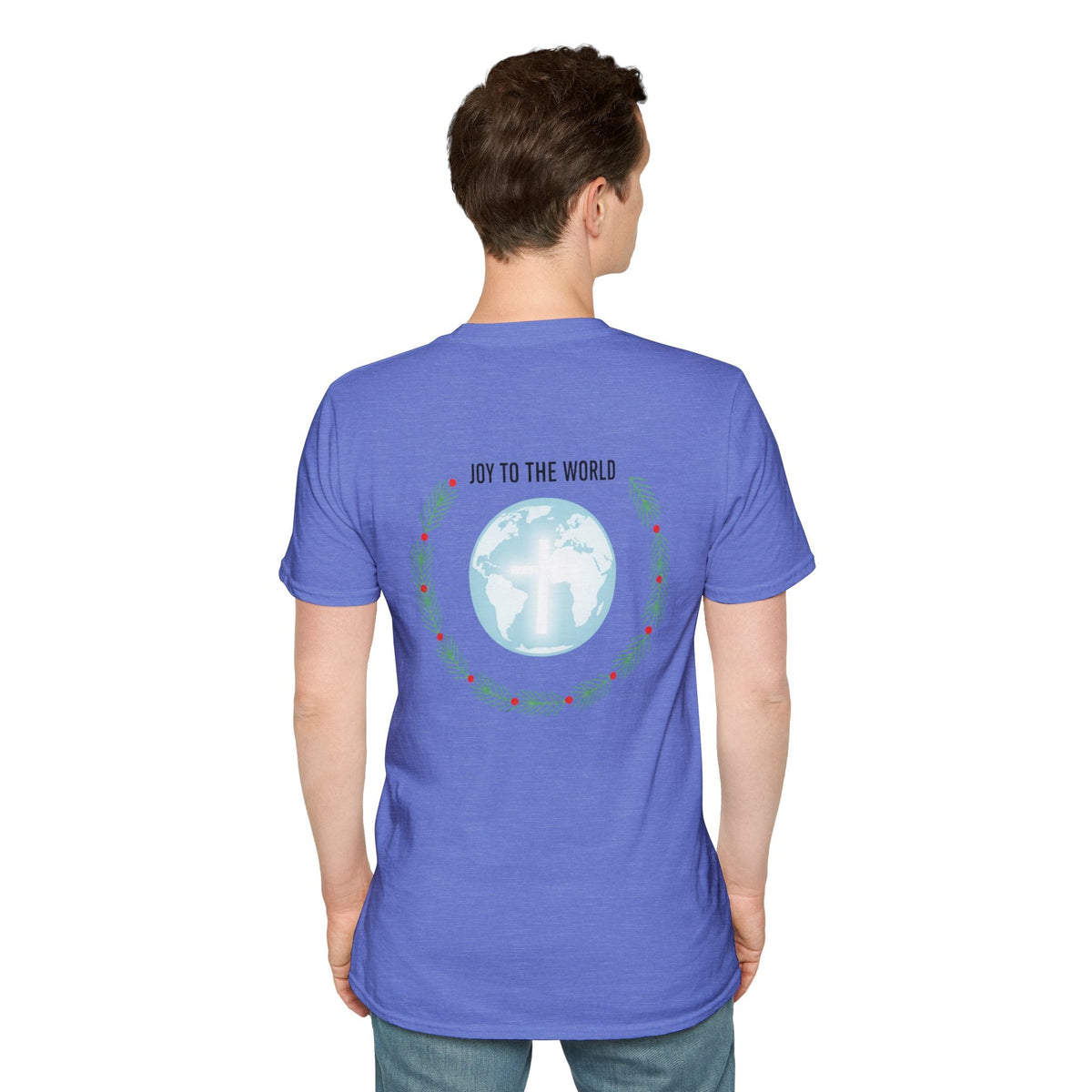 Joy to the World T-shirt – Wreath Earth Nativity Christian Christmas T-shirt for Isaiah 9:6 Holiday Faith & Festive Joy Printify
