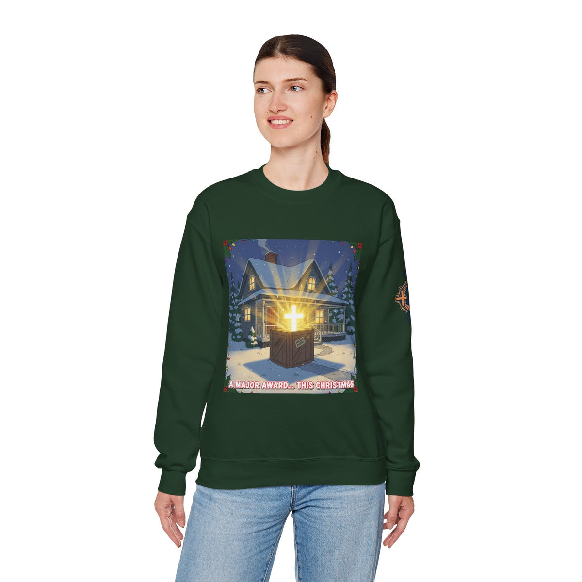 A Major Award This Christmas Sweatshirt – Fragile Leg Lamp Parody Cross Unboxing Christian Sweatshirt for Hilarious Faith & Holiday Glow Printify