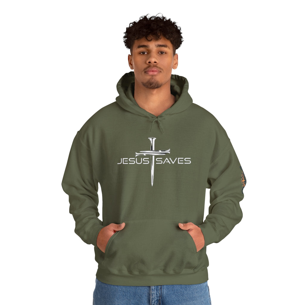 Jesus Saves Hoodie – 3 Nails Crucifix Cross Christian Sweatshirt for Redemption Faith & Bold Salvation Printify