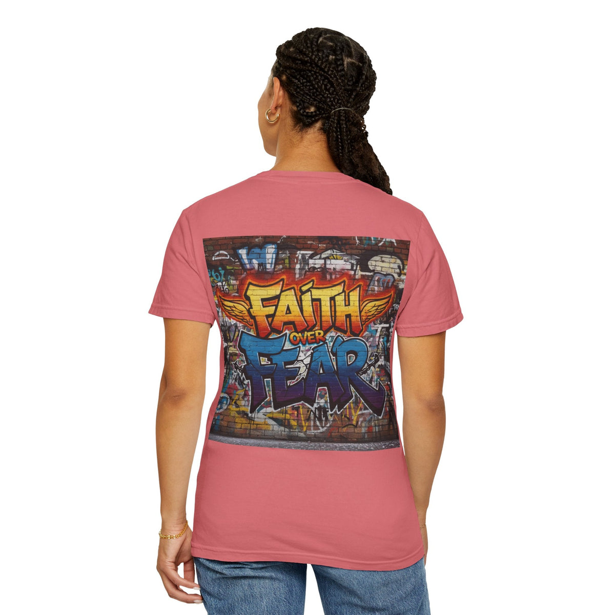 Faith Over Fear T-shirt – Graffiti Wall Christian T-shirt for Bold 2 Corinthians 5:7 Streetwear & Unshakable Faith Printify