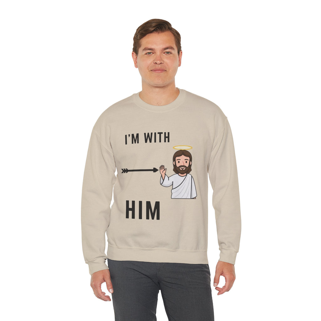 🔥 I’m With Him → Christian Sweatshirt | Arrow Pointing to Jesus | Minimalist Faith Tee | Subtle Cross Design | Bible-Inspired Apparel by Uplifted Gear Printify