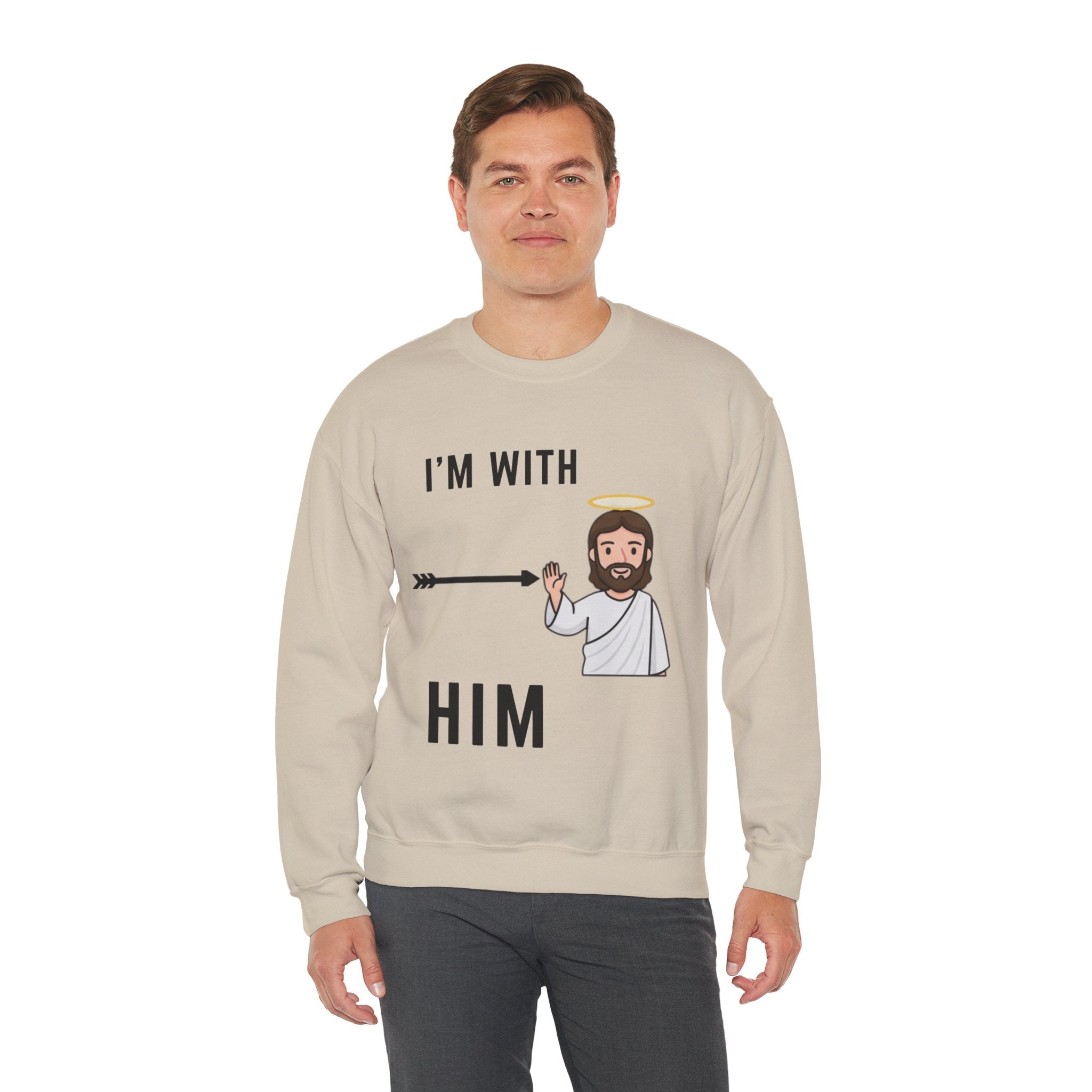 🔥 I’m With Him → Christian Sweatshirt | Arrow Pointing to Jesus | Minimalist Faith Tee | Subtle Cross Design | Bible-Inspired Apparel by Uplifted Gear Printify
