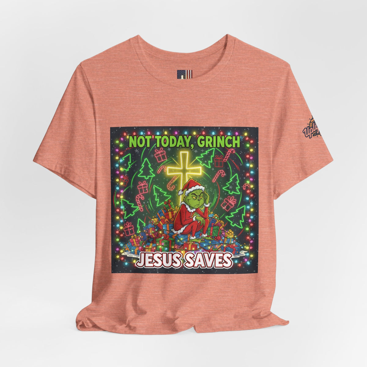 🎄 Not Today, Grinch – Jesus Saves | Funny Christian Christmas T-Shirt | Festive Green & Red Cartoon Style | Bold Faith Holiday Tee by Uplifted Gear Printify