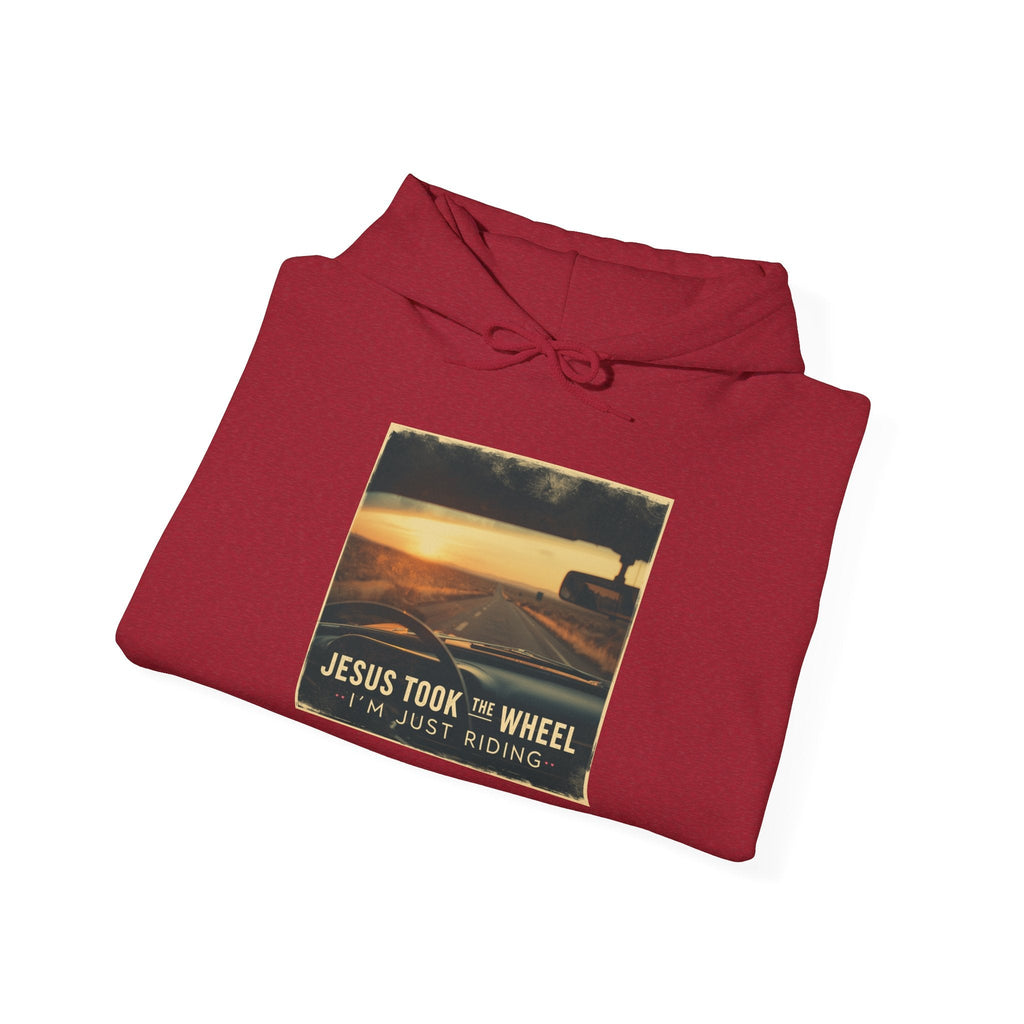 Jesus Took the Wheel I'm Just Riding Hoodie – Funny Christian Convertible Car Sweatshirt for Surrendered Faith & Humor Printify