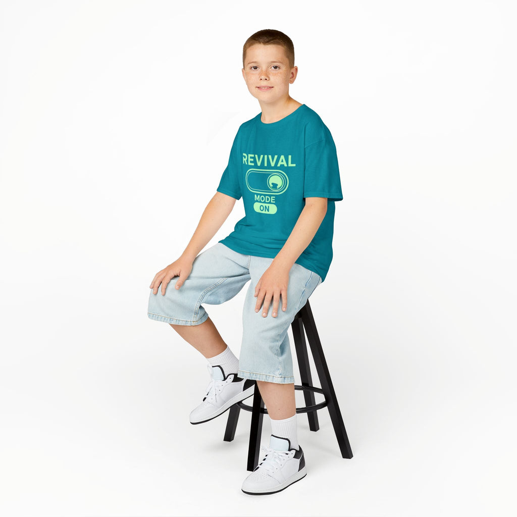 🔥 Revival Mode: ON – Christian Techwear Kids T-Shirt | Glowing Green Faith Switch | Futuristic Jesus Shirt | Activate Your Spiritual Awakening | Uplifted Gear Printify