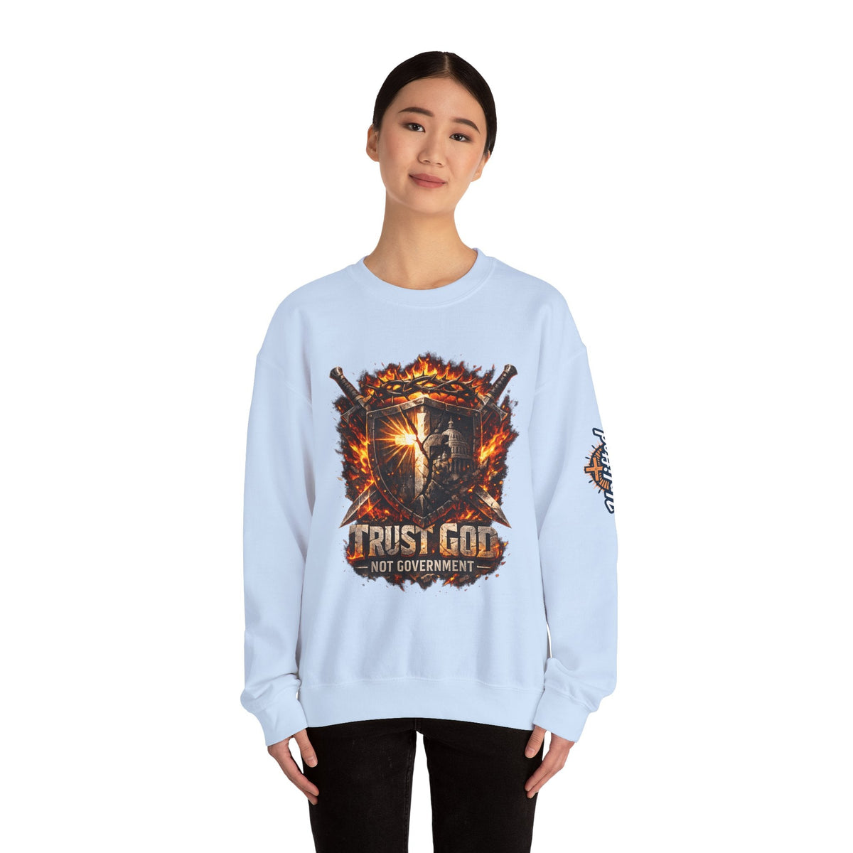 Trust God Not Government Shield Sweatshirt — Patriotic Christian Faith Sweatshirt Printify