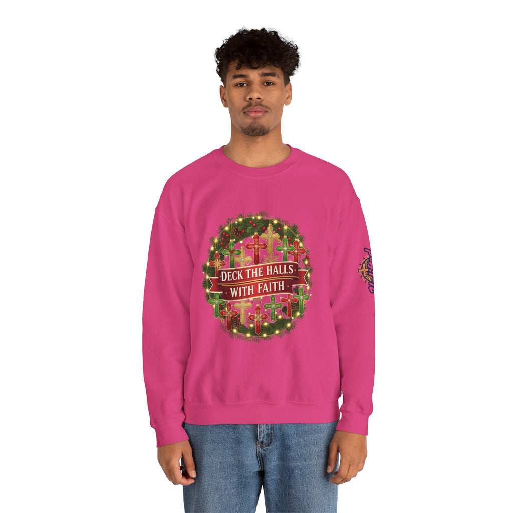 🎄 Deck the Halls with Faith – Christian Christmas Sweatshirt | Cross Ornament Design & Festive Garland | Bold Holiday Faith Tee by Uplifted Gear Printify