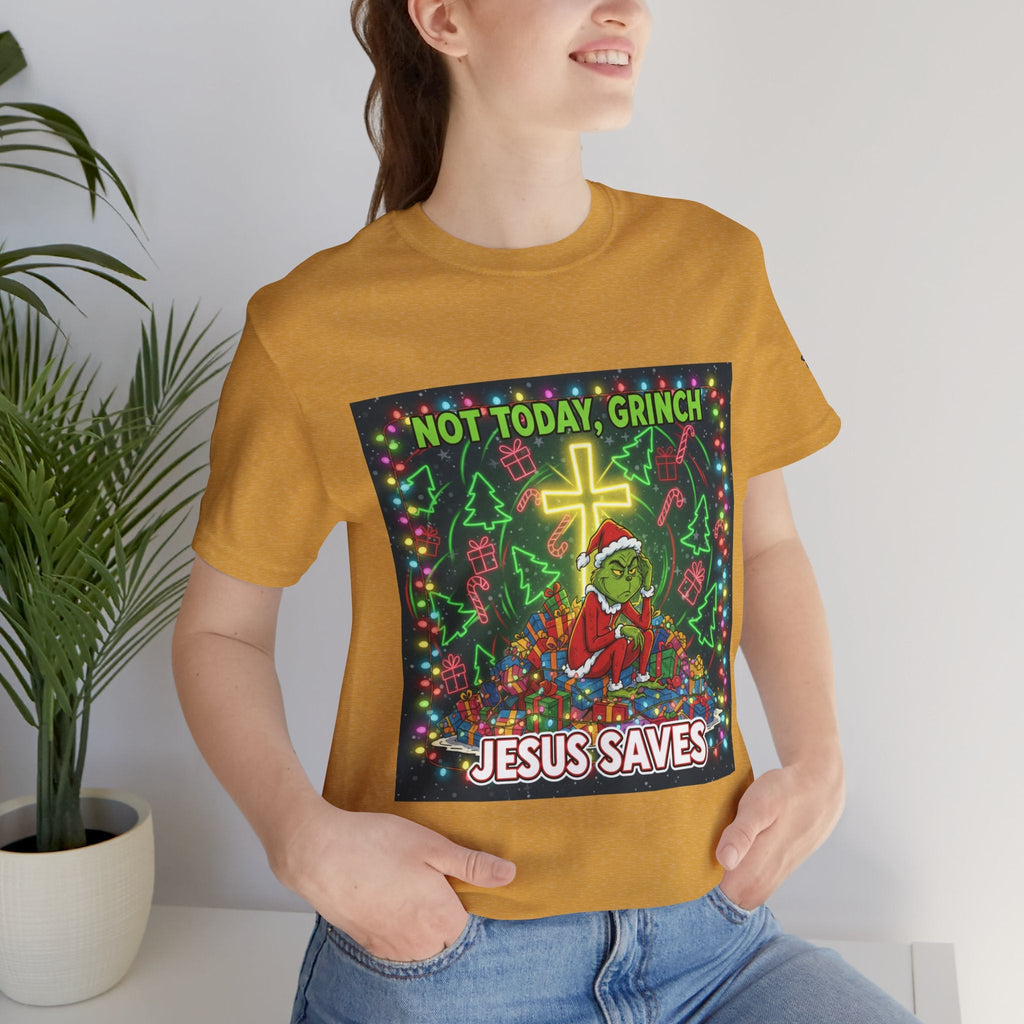 🎄 Not Today, Grinch – Jesus Saves | Funny Christian Christmas T-Shirt | Festive Green & Red Cartoon Style | Bold Faith Holiday Tee by Uplifted Gear Printify