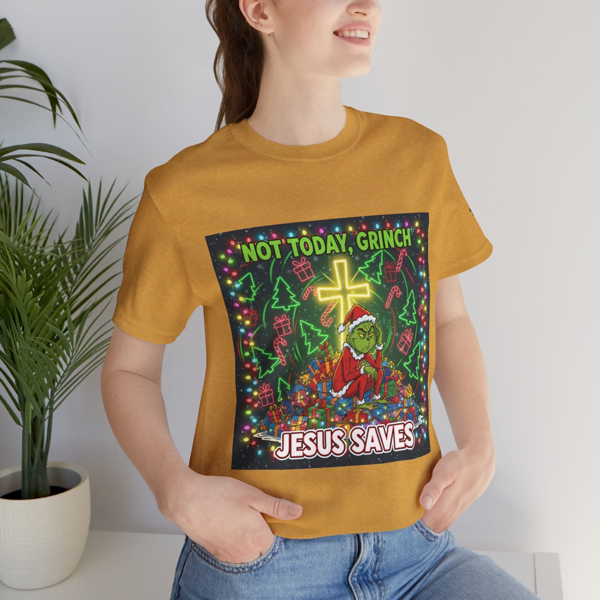 🎄 Not Today, Grinch – Jesus Saves | Funny Christian Christmas T-Shirt | Festive Green & Red Cartoon Style | Bold Faith Holiday Tee by Uplifted Gear Printify