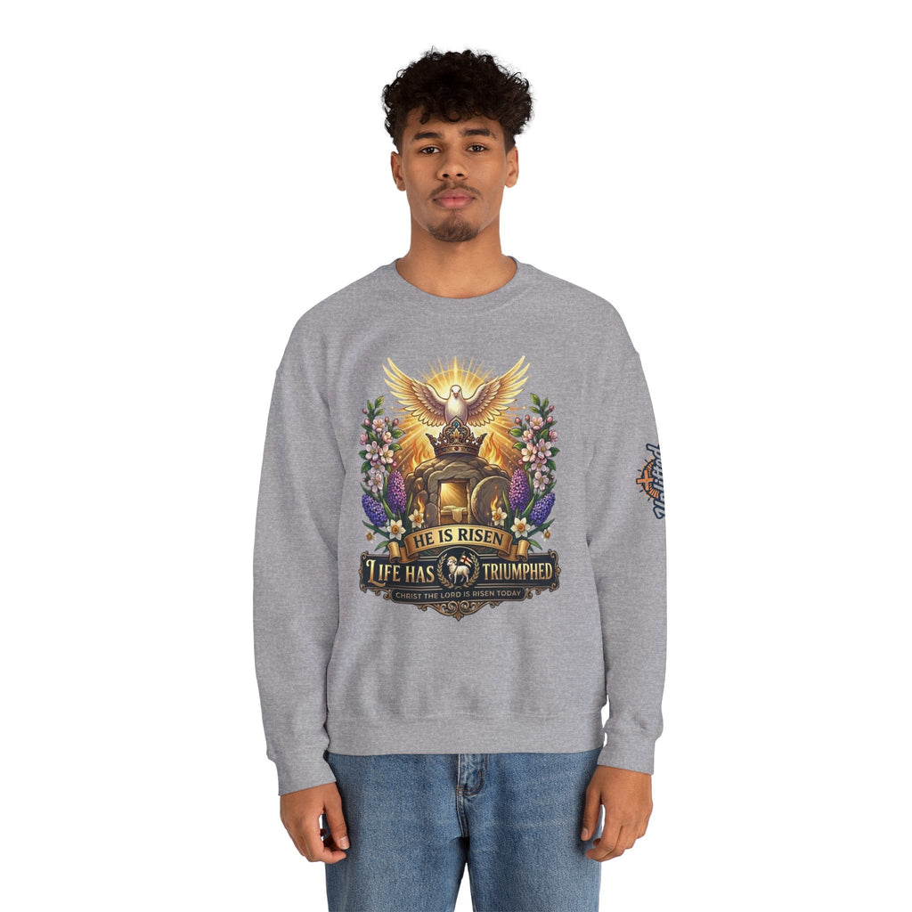 He Is Risen "Life Has Triumphed" Sweatshirt — Easter Resurrection Christian Sweatshirt Printify