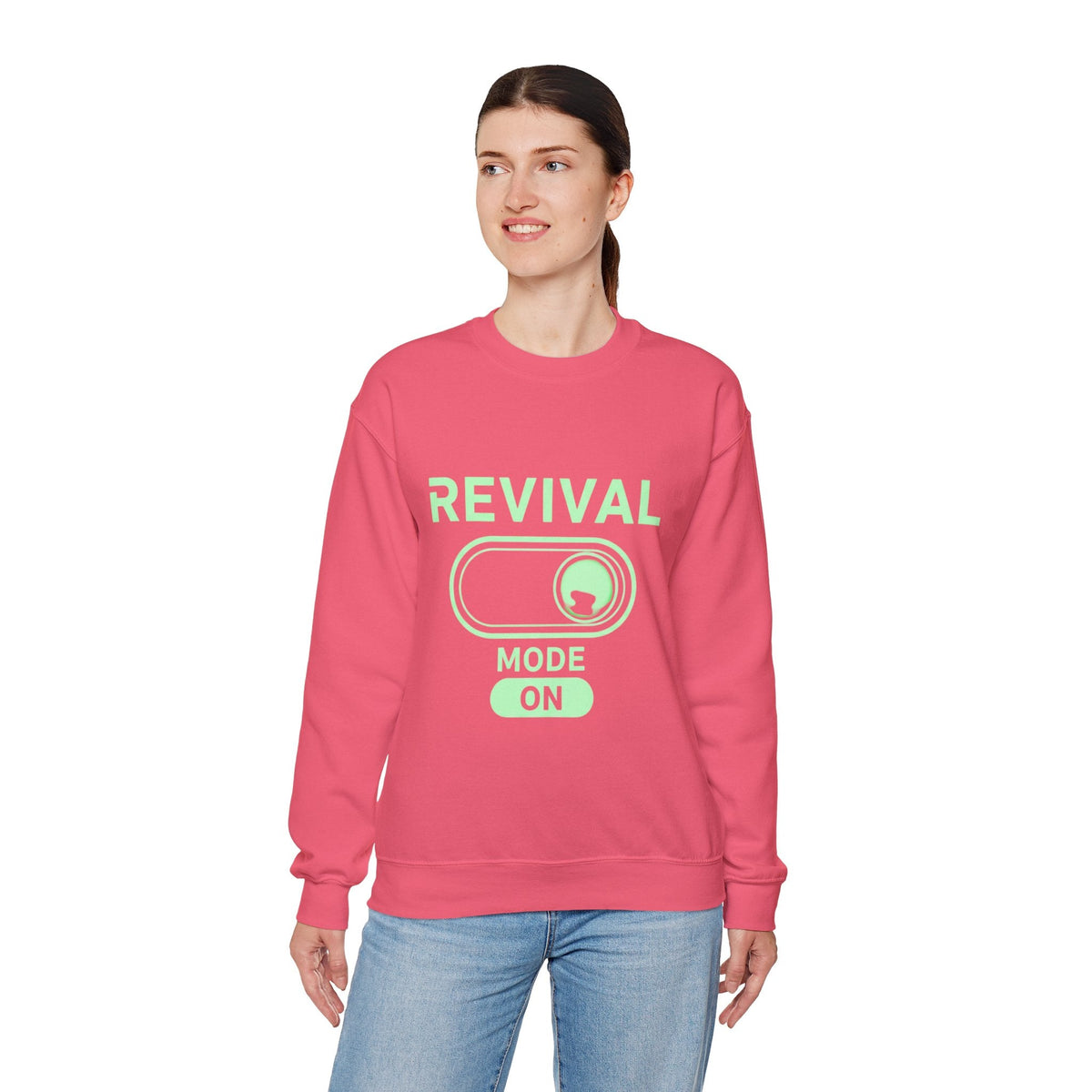 🔥 Revival Mode: ON – Christian Techwear Sweatshirt | Glowing Green Faith Switch | Futuristic Jesus Shirt | Activate Your Spiritual Awakening | Uplifted Gear Printify