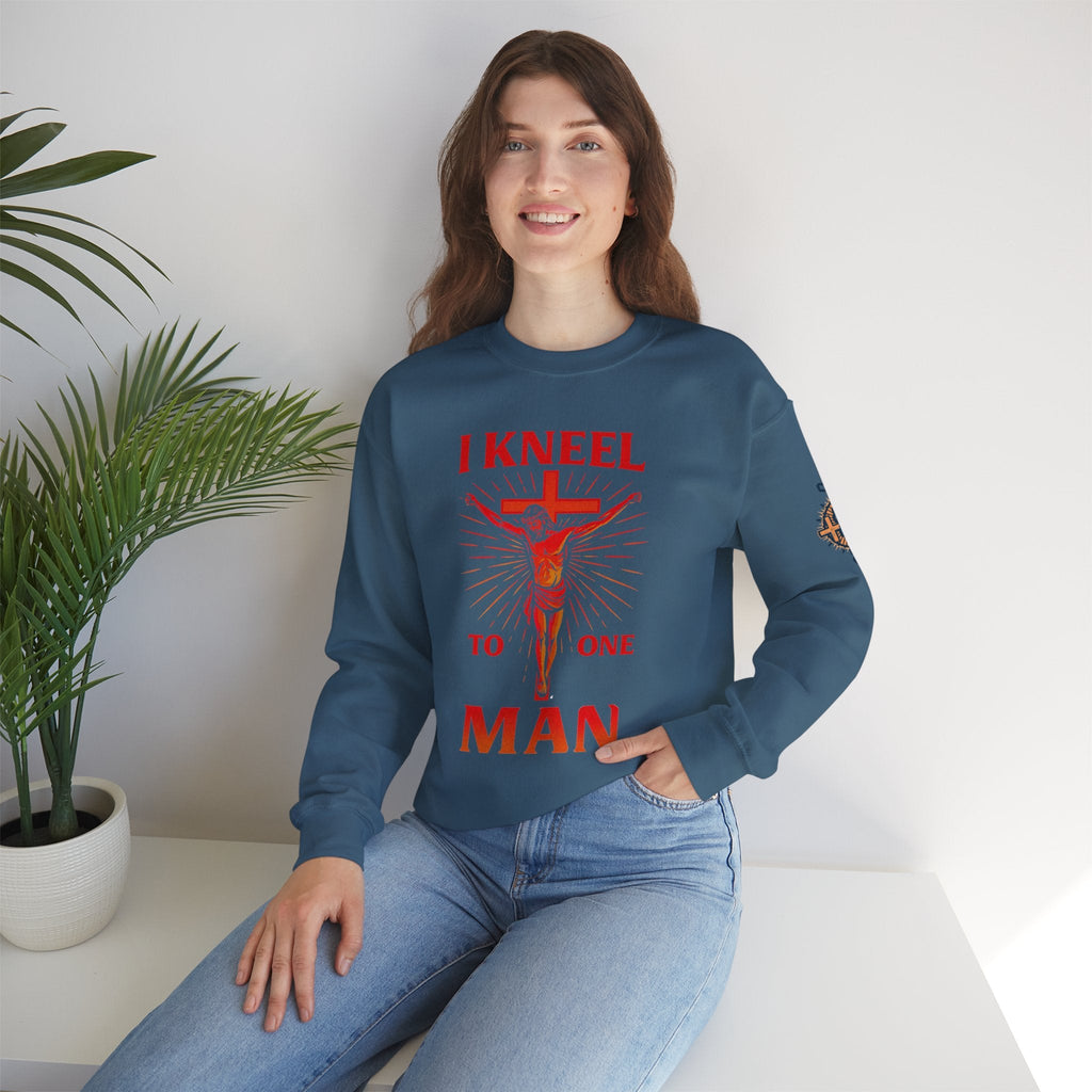 I Kneel to One Man Sweatshirt – Crucifixion Christian Sweatshirt for Unashamed Devotion & Bold Faith Printify