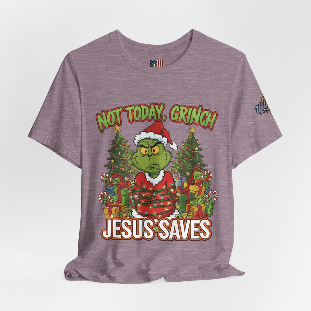 🎄 Not Today, Grinch – Jesus Saves | Funny Christian Christmas T-Shirt | Sulking Grinch & Glowing Cross | Bold Neon Faith Tee by Uplifted Gear Printify