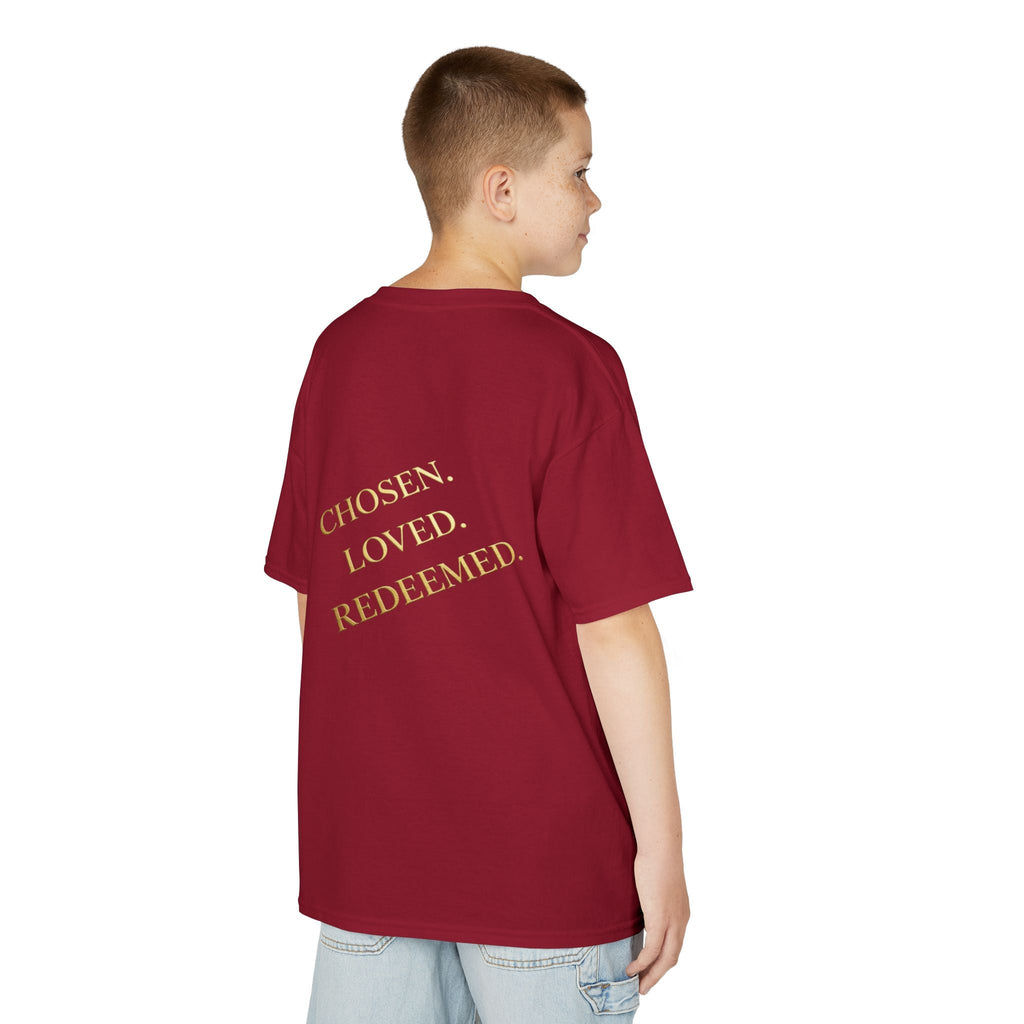 ✨ Chosen. Loved. Redeemed. – Elegant Christian Kids T-Shirt | Gold Foil Faith Tee | Subtle Cross & Heart Design | Inspirational Bible Verse Apparel by Uplifted Gear Printify