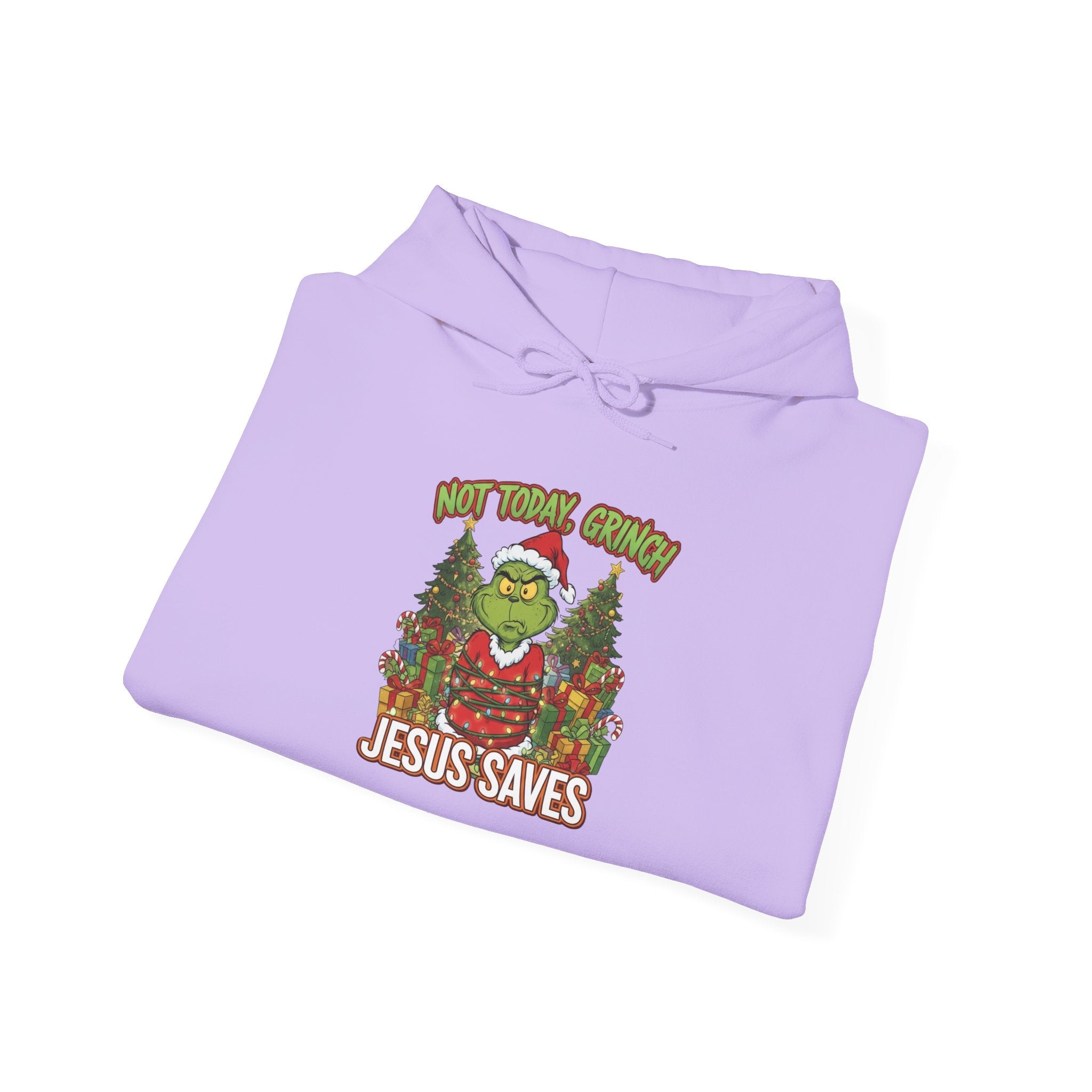 🎄 Not Today, Grinch – Jesus Saves | Funny Christian Christmas Hoodie | Sulking Grinch & Glowing Cross | Bold Neon Faith Tee by Uplifted Gear Printify