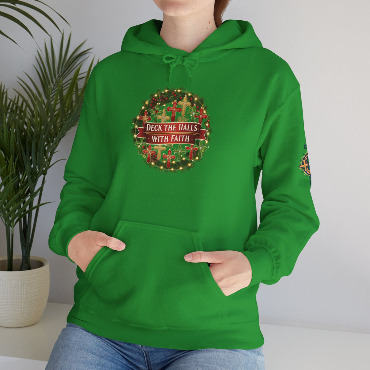 🎄 Deck the Halls with Faith – Christian Christmas Hoodie | Cross Ornament Design & Festive Garland | Bold Holiday Faith Tee by Uplifted Gear Printify