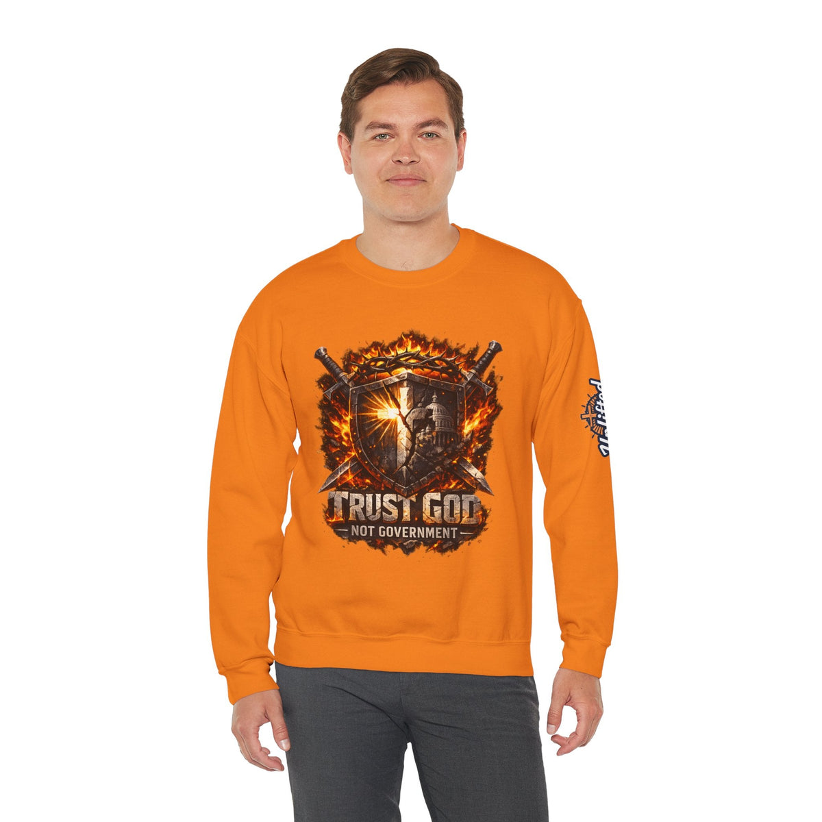 Trust God Not Government Shield Sweatshirt — Patriotic Christian Faith Sweatshirt Printify