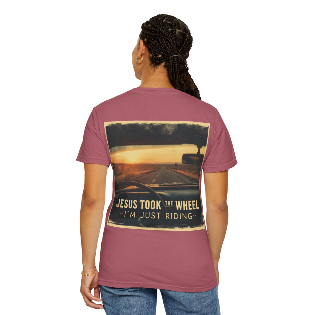 Jesus Took the Wheel I'm Just Riding T-shirt – Funny Christian Convertible Car T-shirt for Surrendered Faith & Humor Printify
