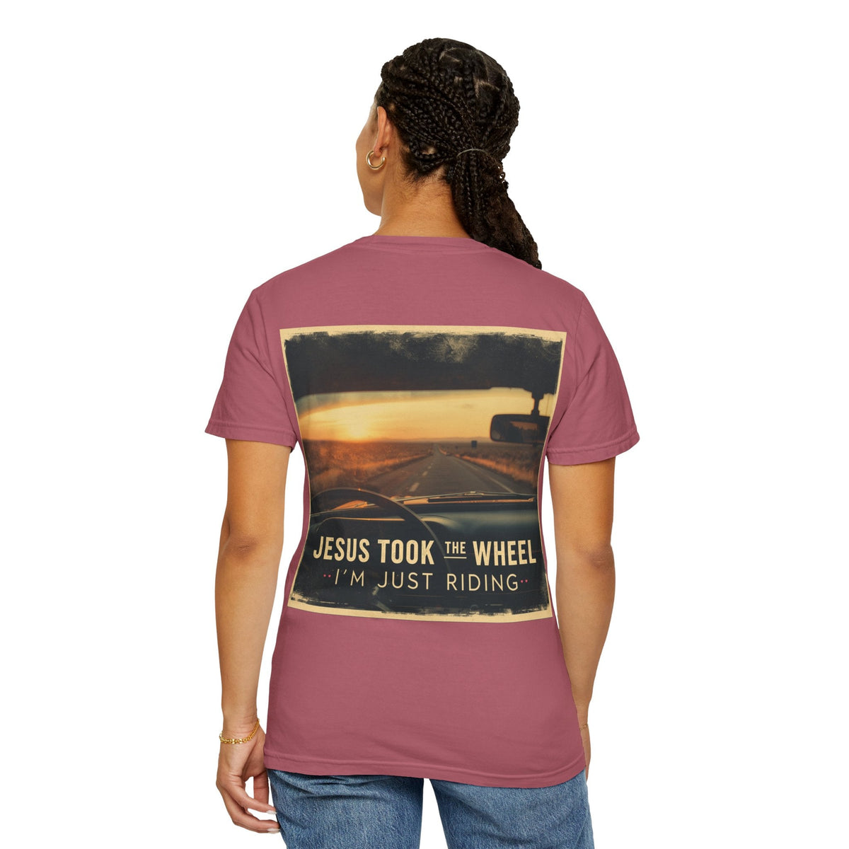 Jesus Took the Wheel I'm Just Riding T-shirt – Funny Christian Convertible Car T-shirt for Surrendered Faith & Humor Printify
