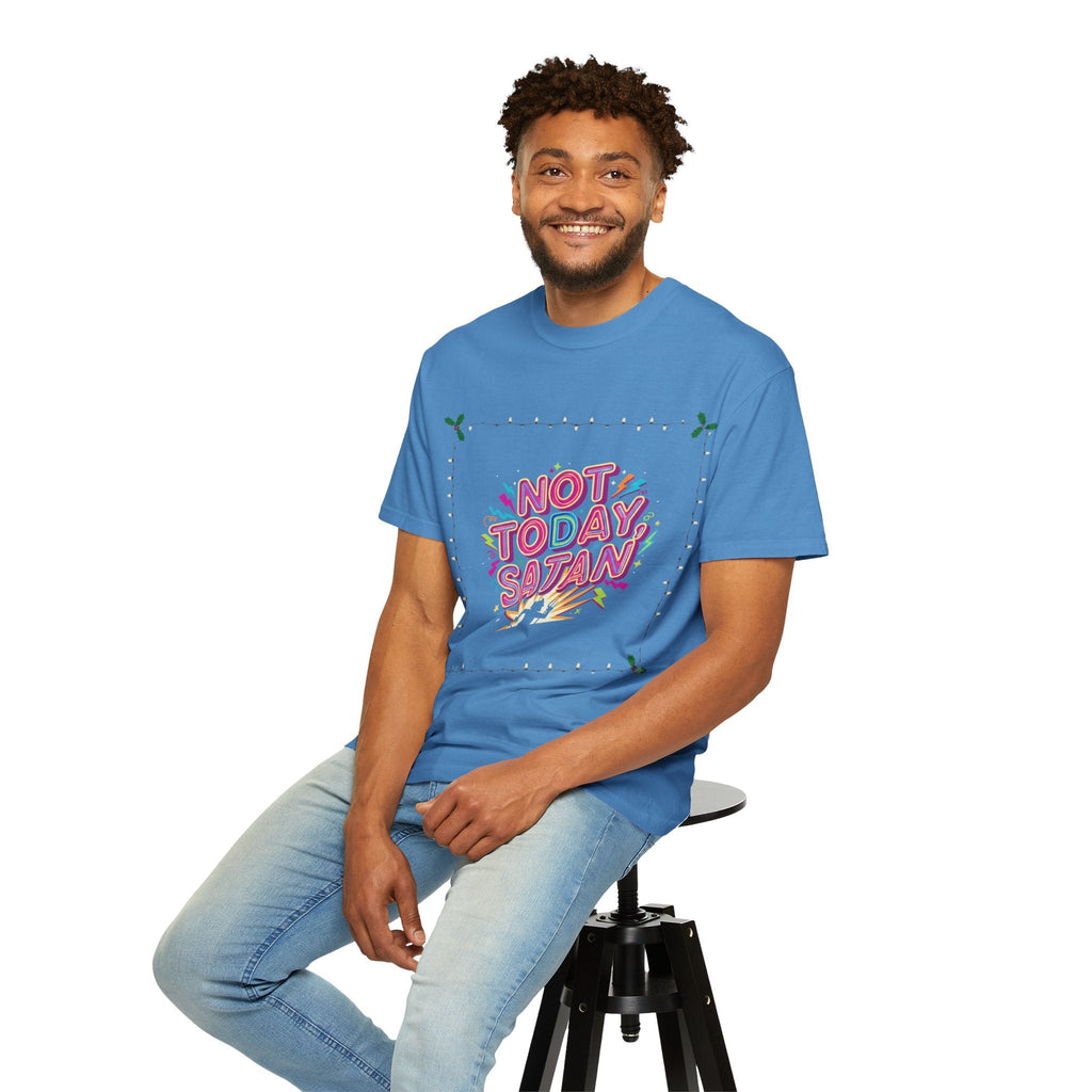 🔥 Not Today, Satan – Retro 90s Christian T-Shirt | Neon Faith Tee | Funky Cartoon Devil | Bold Bible Verse Shirt | Uplifted Gear Printify