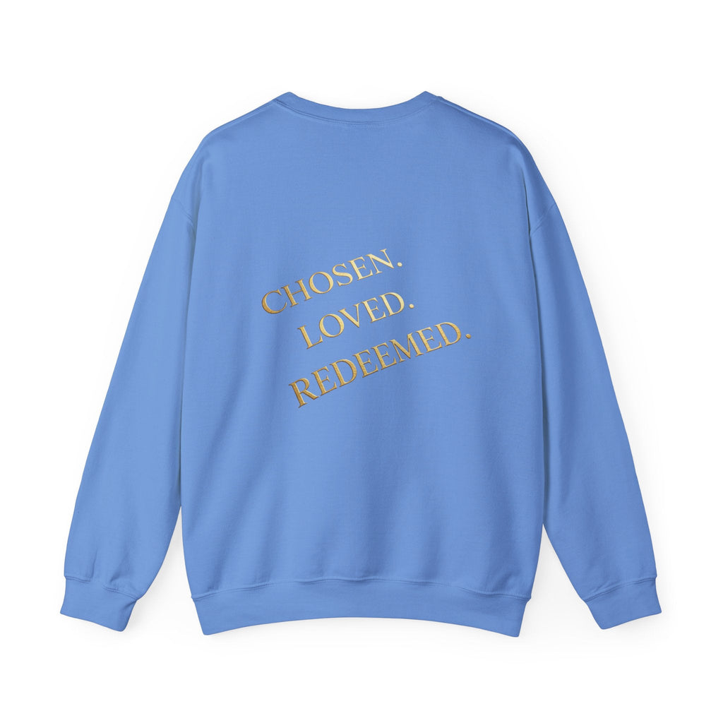 ✨ Chosen. Loved. Redeemed. – Elegant Christian Sweatshirt | Gold Foil Faith Tee | Subtle Cross & Heart Design | Inspirational Bible Verse Apparel by Uplifted Gear Printify