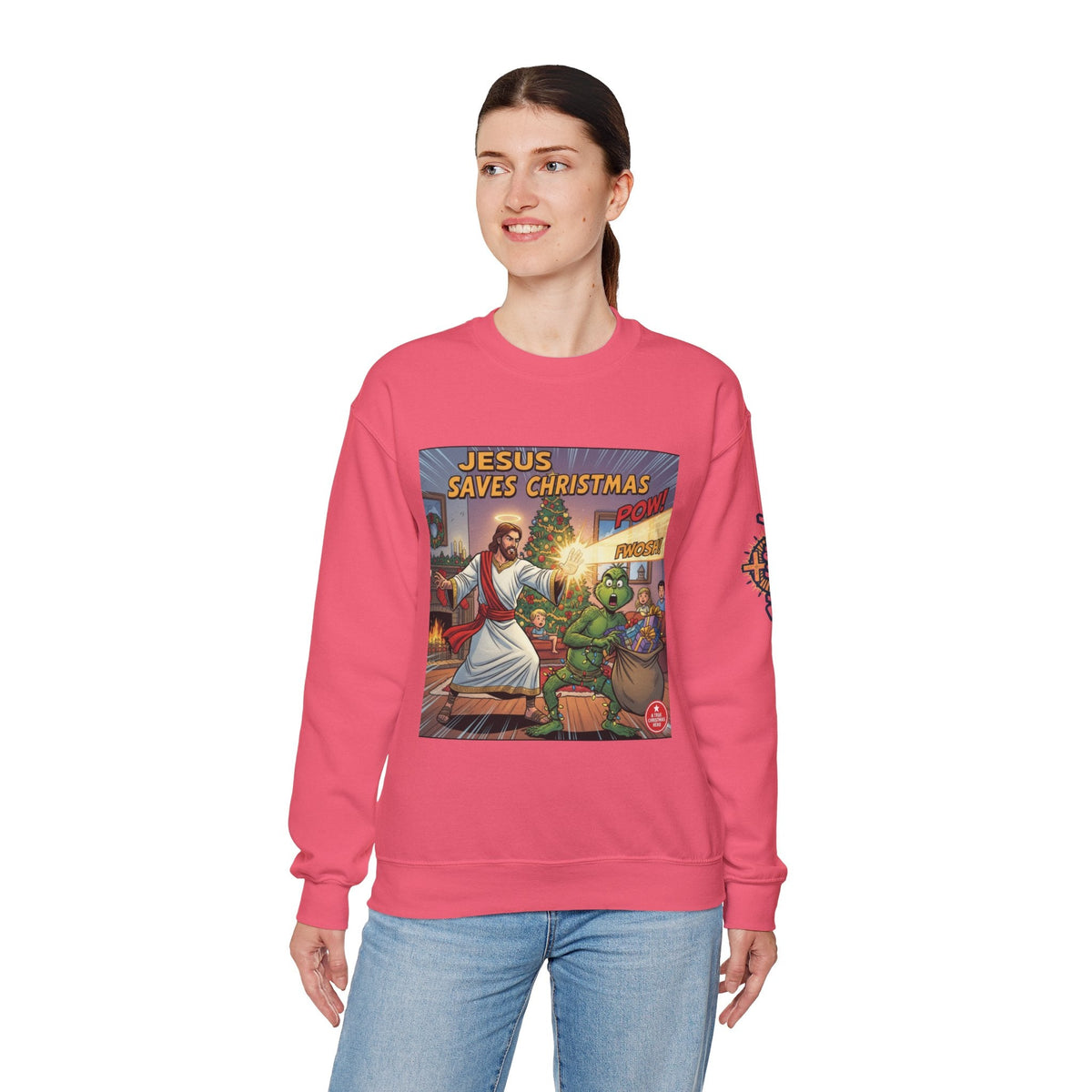 Jesus Saves Christmas Sweatshirt – Grinch vs Savior Light Battle Christian Sweatshirt for Hilarious Holiday Faith & True Joy Printify