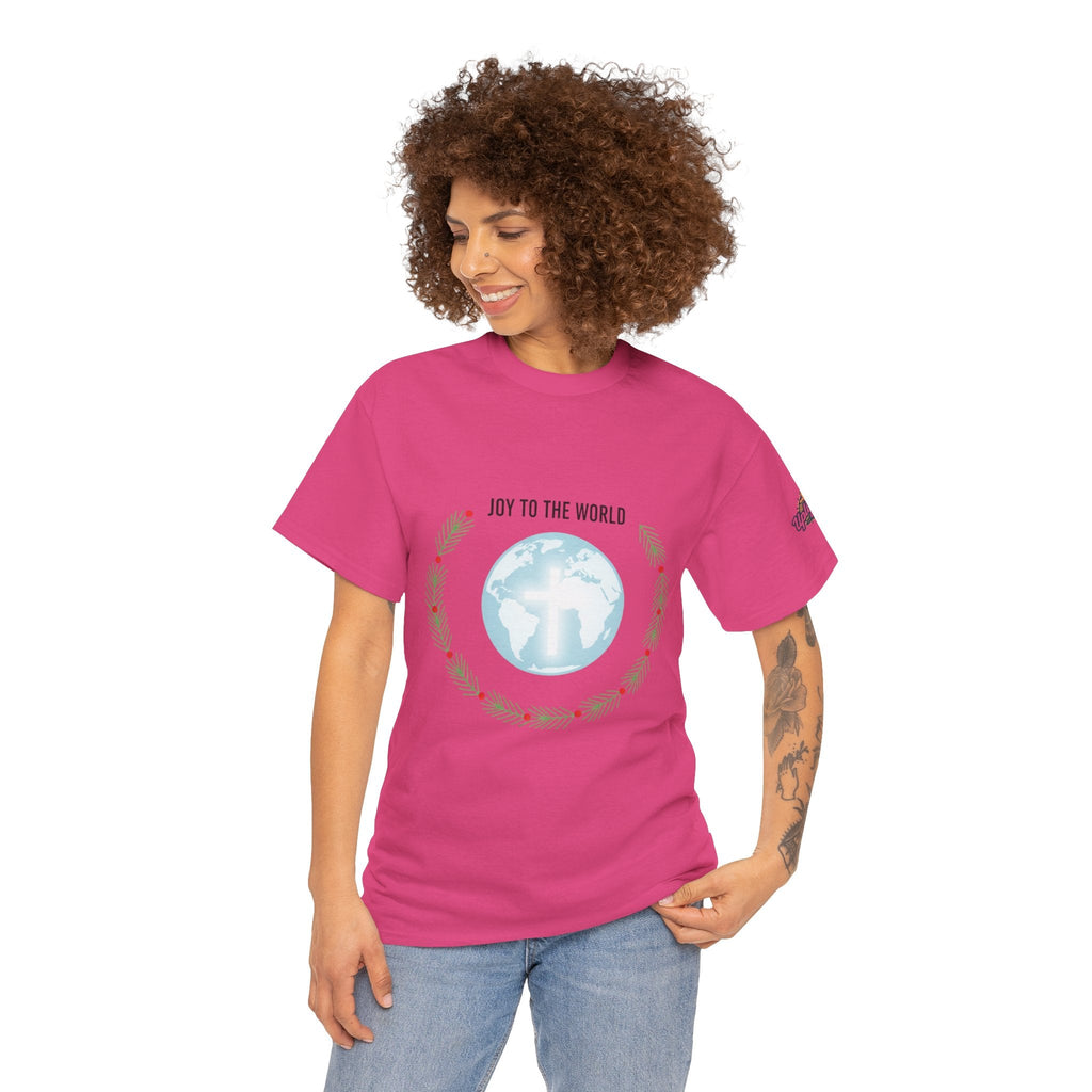 Joy to the World T-shirt – Wreath Earth Nativity Christian Christmas T-shirt for Isaiah 9:6 Holiday Faith & Festive Joy Printify