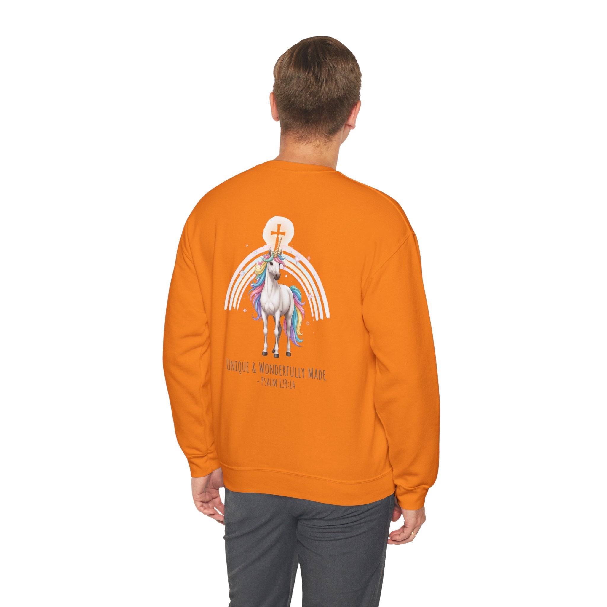 Unique Unicorn Sweatshirt – Rainbow Cross Psalm 139:14 Christian Sweatshirt for Wonderfully Made Printify
