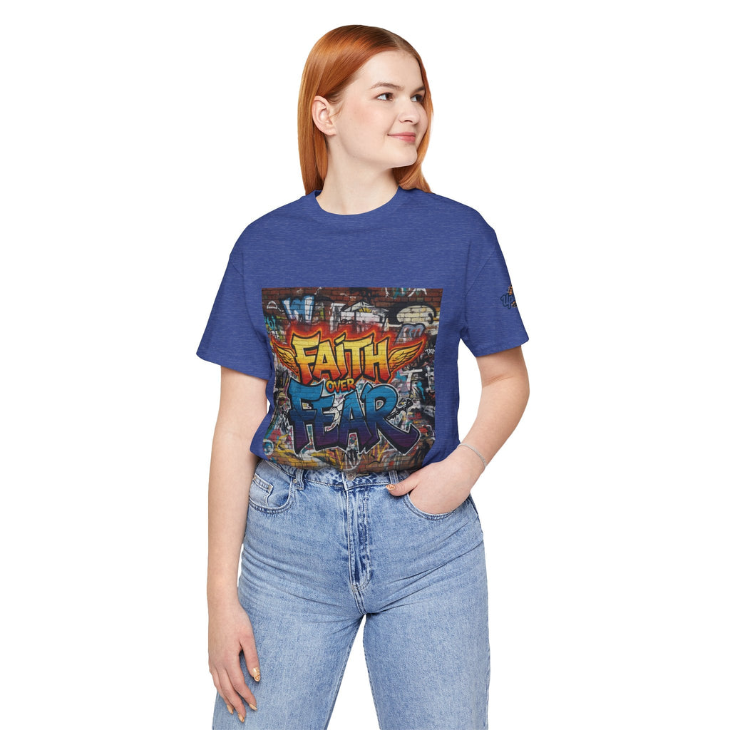 Faith Over Fear T-shirt – Graffiti Wall Christian T-shirt for Bold 2 Corinthians 5:7 Streetwear & Unshakable Faith Printify