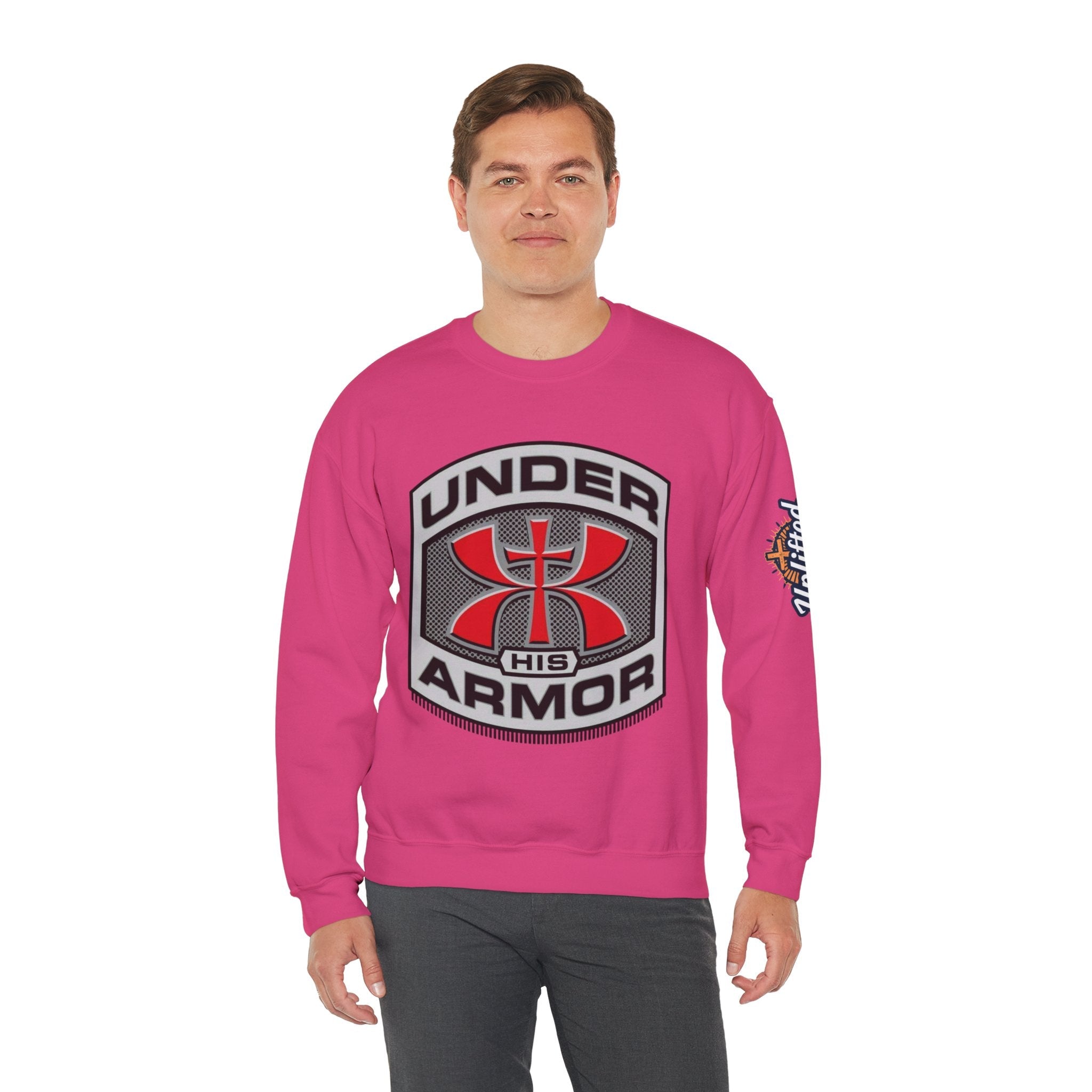 Under His Armor Crewneck Sweatshirt — Christian Faith Graphic Pullover Printify