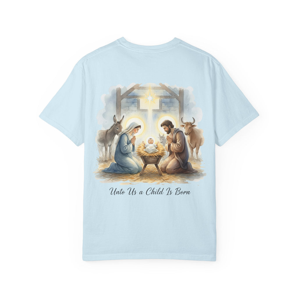 Unto Us a Child is Born T-shirt – Isaiah 9:6 Nativity Manger Scene Christian Christmas T-shirt for Holy Night Faith Printify