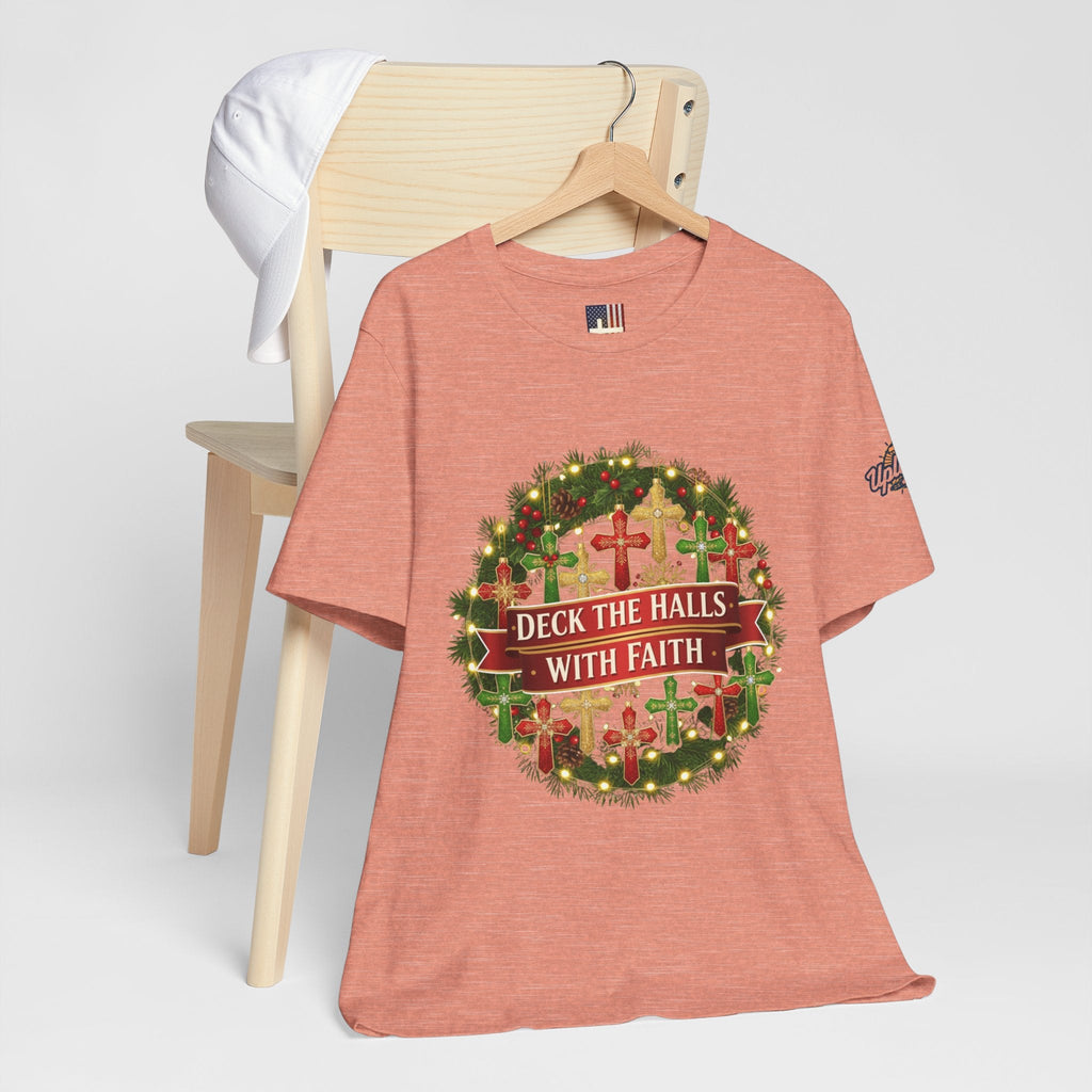 🎄 Deck the Halls with Faith – Christian Christmas T-Shirt | Cross Ornament Design & Festive Garland | Bold Holiday Faith Tee by Uplifted Gear Printify