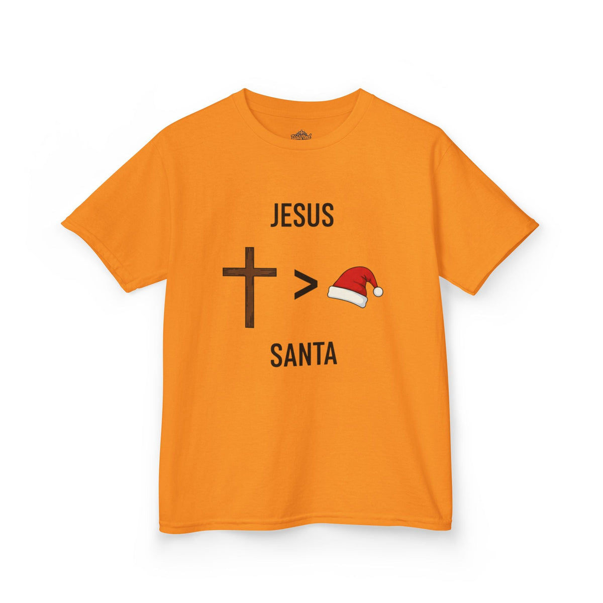🎄 Jesus > Santa – Minimalist Christian Christmas Kids T-Shirt | Bold Faith Over Holiday Tee | Cross vs Santa Hat Design | Uplifted Gear Printify