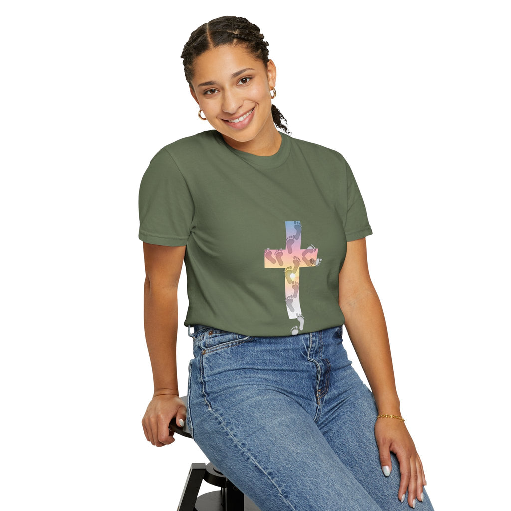 Walk by Faith T-Shirt – Cross & Footprints Christian Tee for Bold Believers Printify