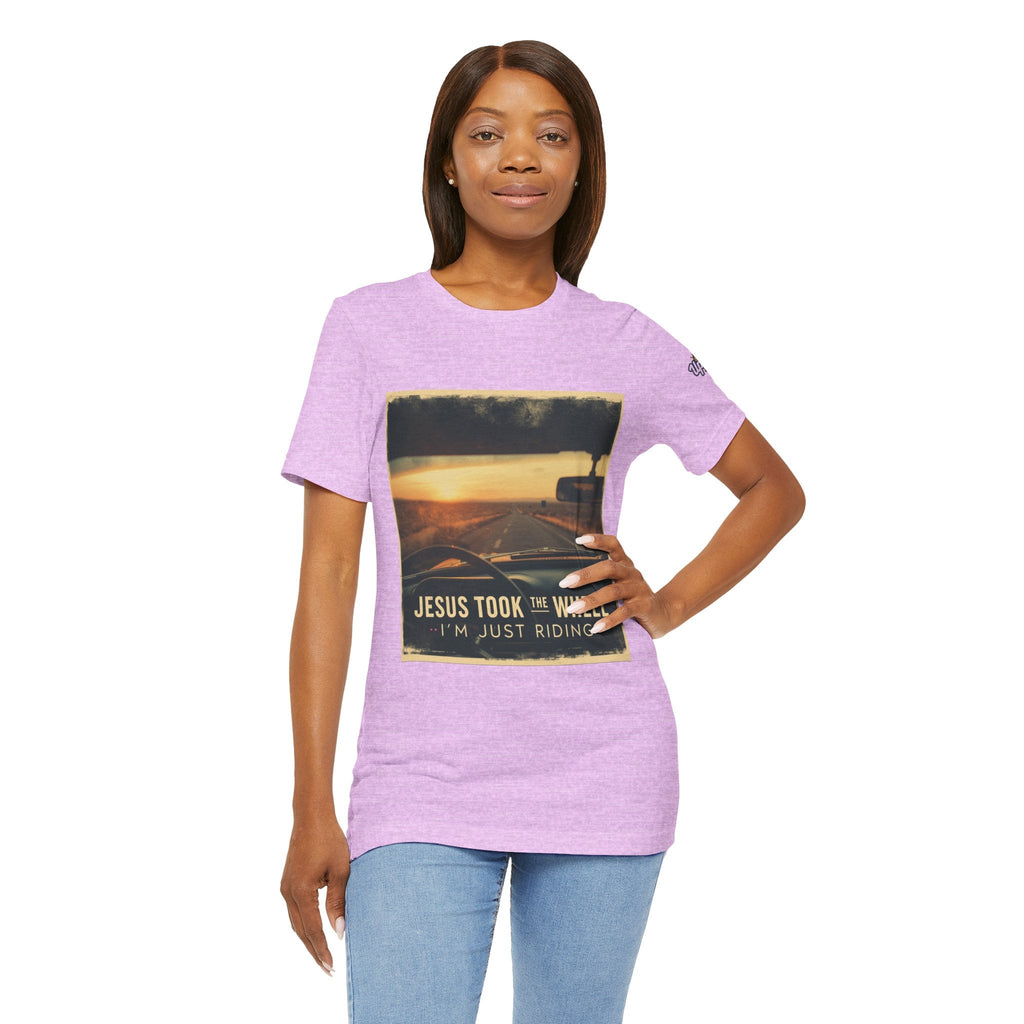 Jesus Took the Wheel I'm Just Riding T-shirt – Funny Christian Convertible Car T-shirt for Surrendered Faith & Humor Printify