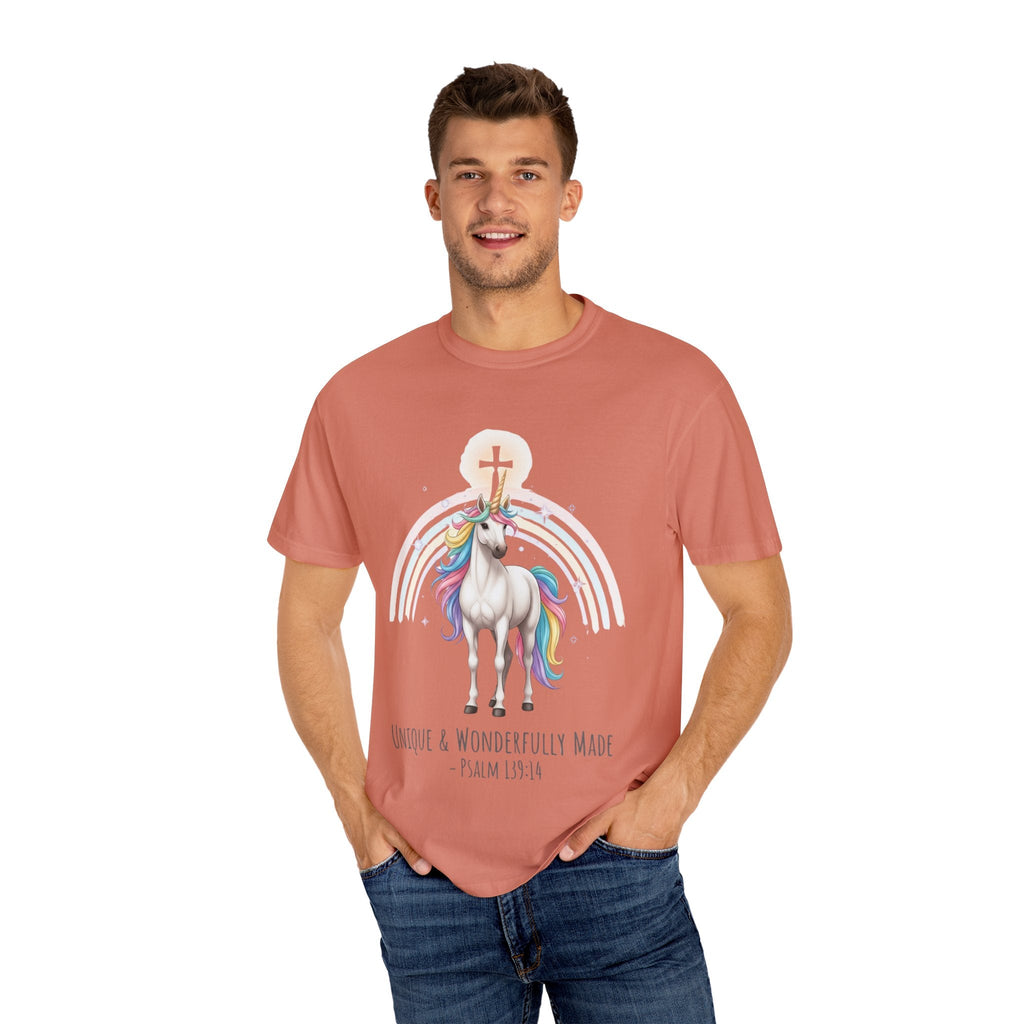 Unique Unicorn Christian T-Shirt – Wonderfully Made with Rainbow Cross & Psalm 139:14 Printify