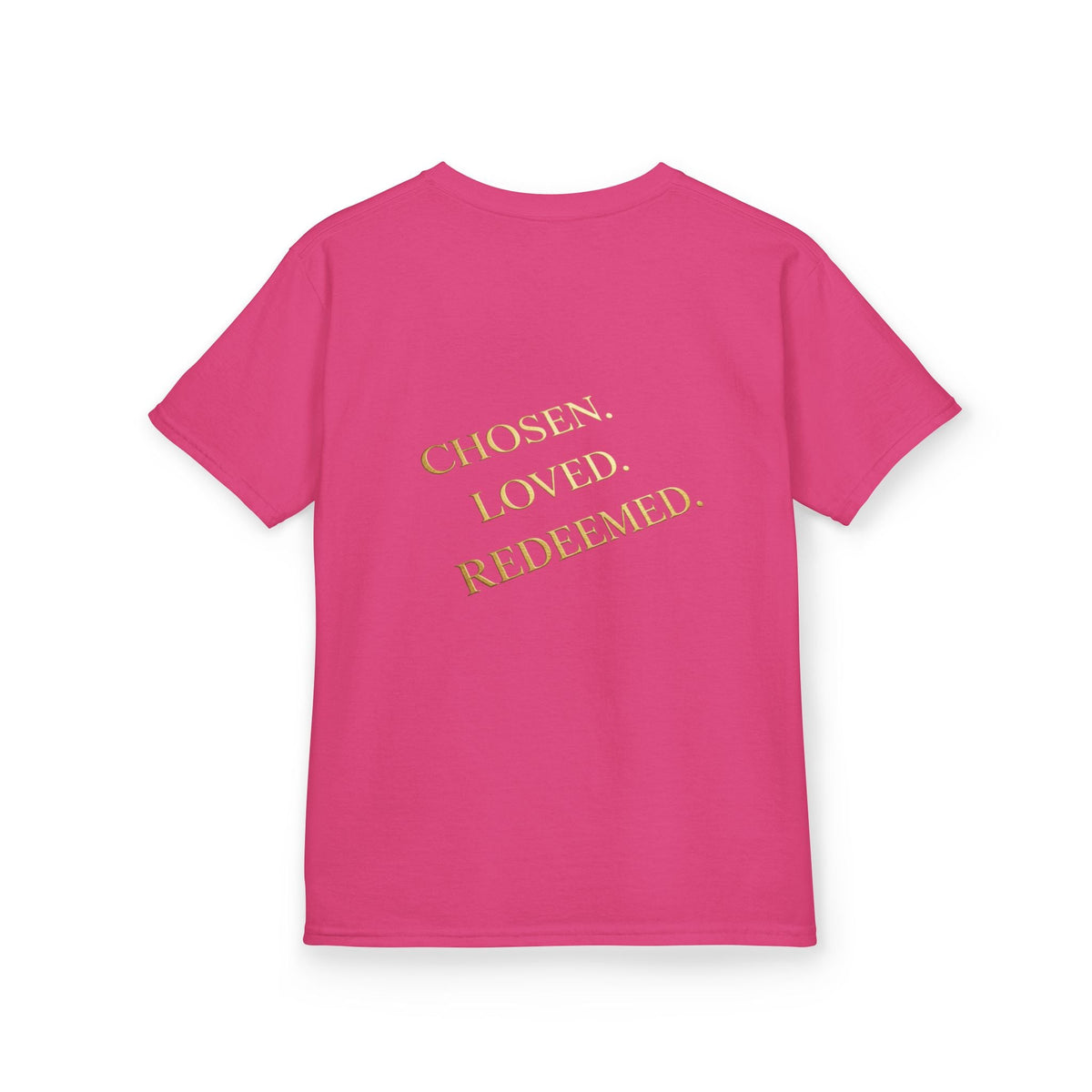 ✨ Chosen. Loved. Redeemed. – Elegant Christian Kids T-Shirt | Gold Foil Faith Tee | Subtle Cross & Heart Design | Inspirational Bible Verse Apparel by Uplifted Gear Printify