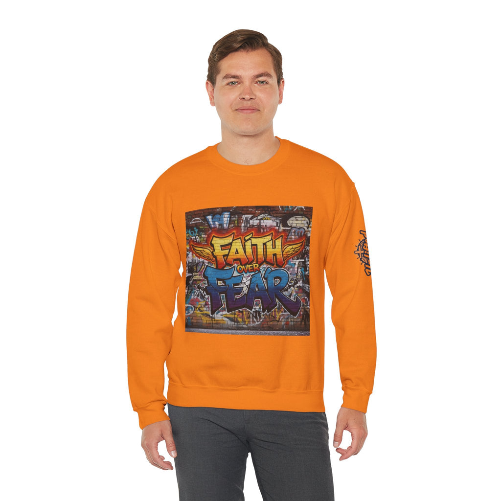 Faith Over Fear Sweatshirt – Graffiti Wall Christian Sweatshirt for Bold 2 Corinthians 5:7 Streetwear & Unshakable Faith Printify