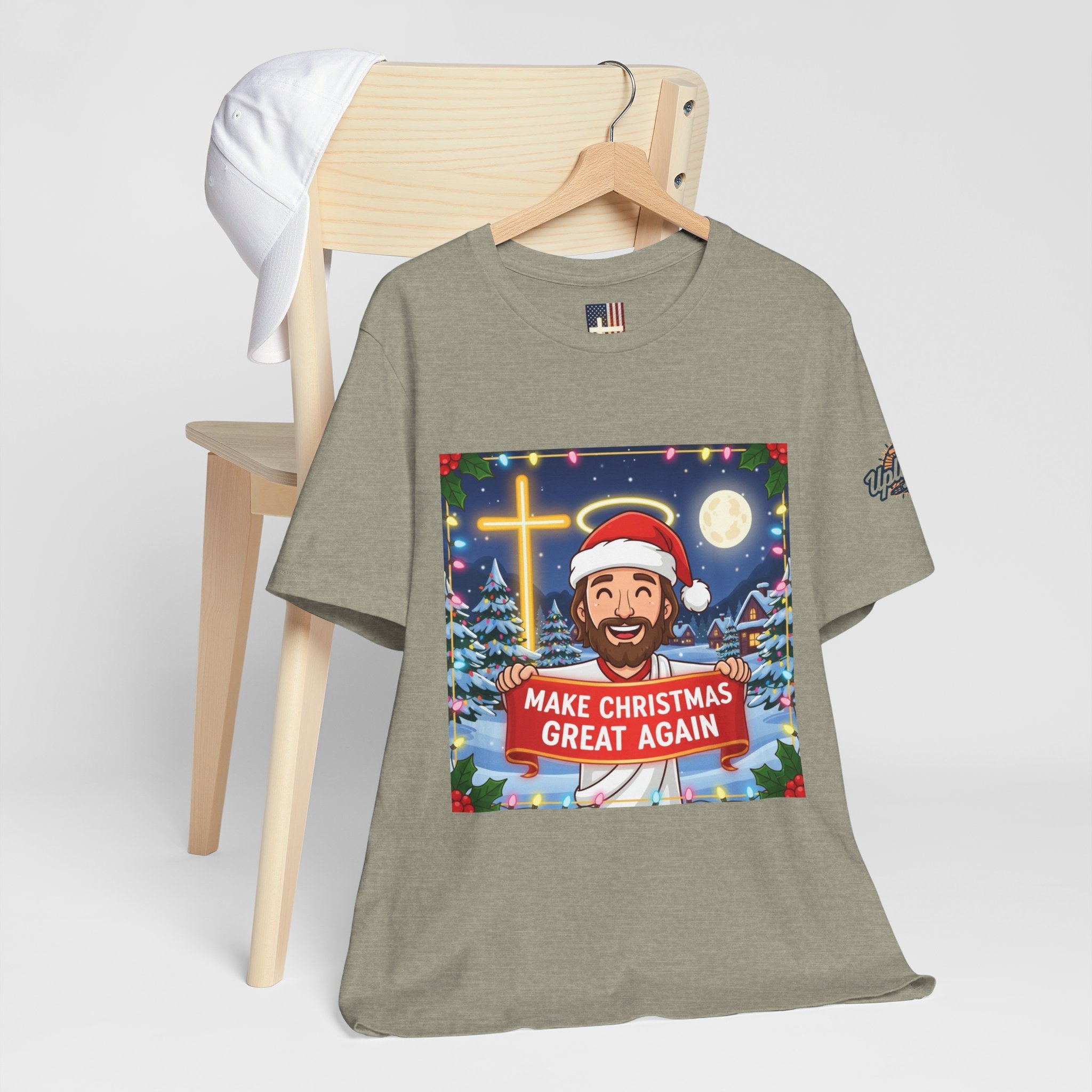 🎄 Make Christmas Great Again – Funny Christian T-Shirt | Jesus Holding Banner | Faith-Based Holiday Parody Tee | Uplifted Gear Printify