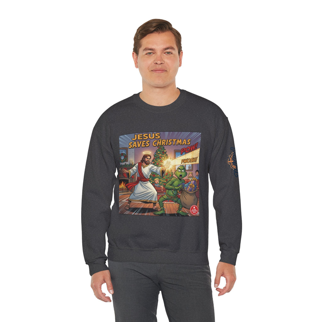 Jesus Saves Christmas Sweatshirt – Grinch vs Savior Light Battle Christian Sweatshirt for Hilarious Holiday Faith & True Joy Printify