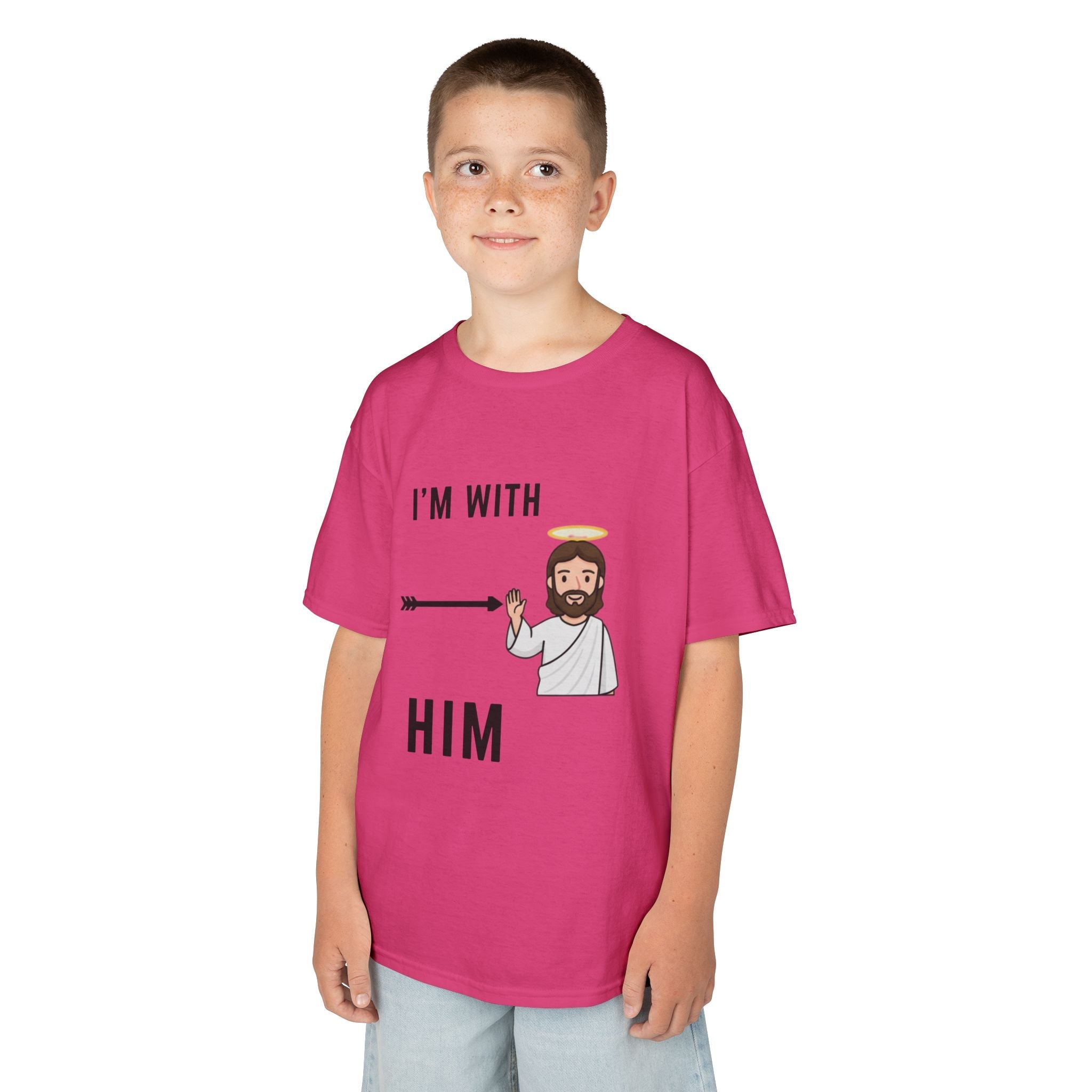 🔥 I’m With Him → Christian Kids T-Shirt | Arrow Pointing to Jesus | Minimalist Faith Tee | Subtle Cross Design | Bible-Inspired Apparel by Uplifted Gear Printify