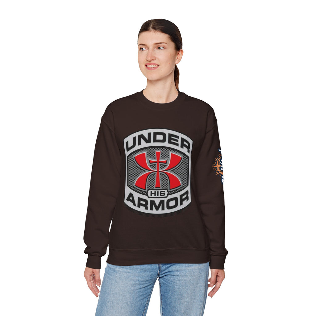 Under His Armor Crewneck Sweatshirt — Christian Faith Graphic Pullover Printify