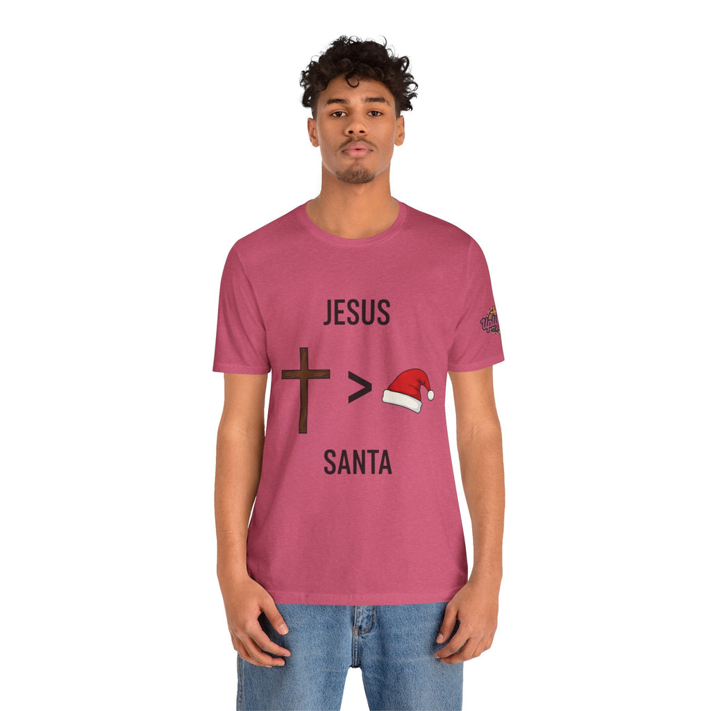 🎄 Jesus > Santa – Minimalist Christian Christmas T-Shirt | Bold Faith Over Holiday Tee | Cross vs Santa Hat Design | Uplifted Gear Printify